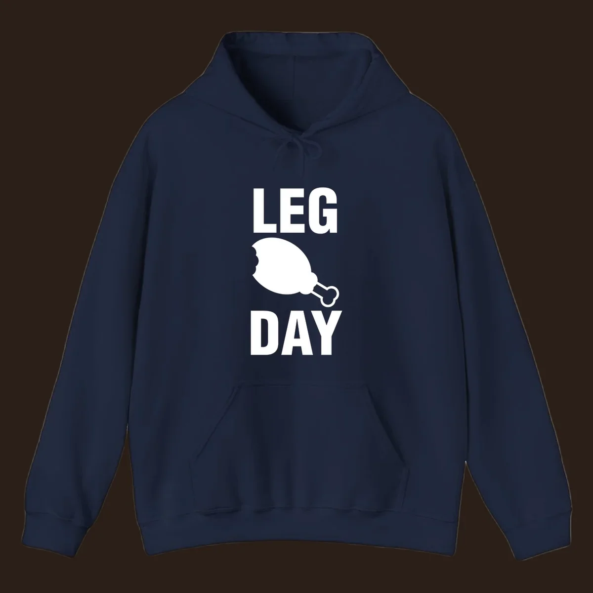 Leg Day text with a bitten chicken leg graphic. Humor fitness design.