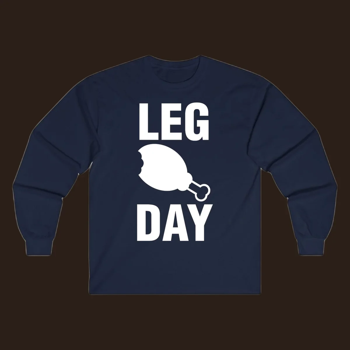 Leg Day text with a bitten chicken leg graphic. Humor fitness design.