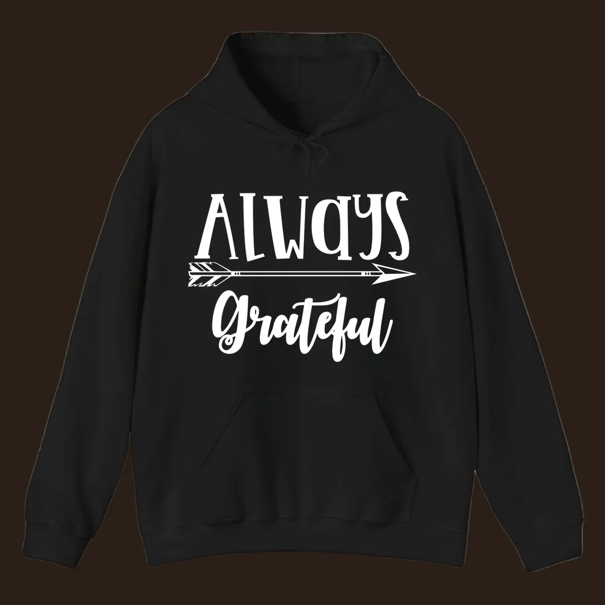 Always Grateful arrow design with white text on black and white backgrounds.