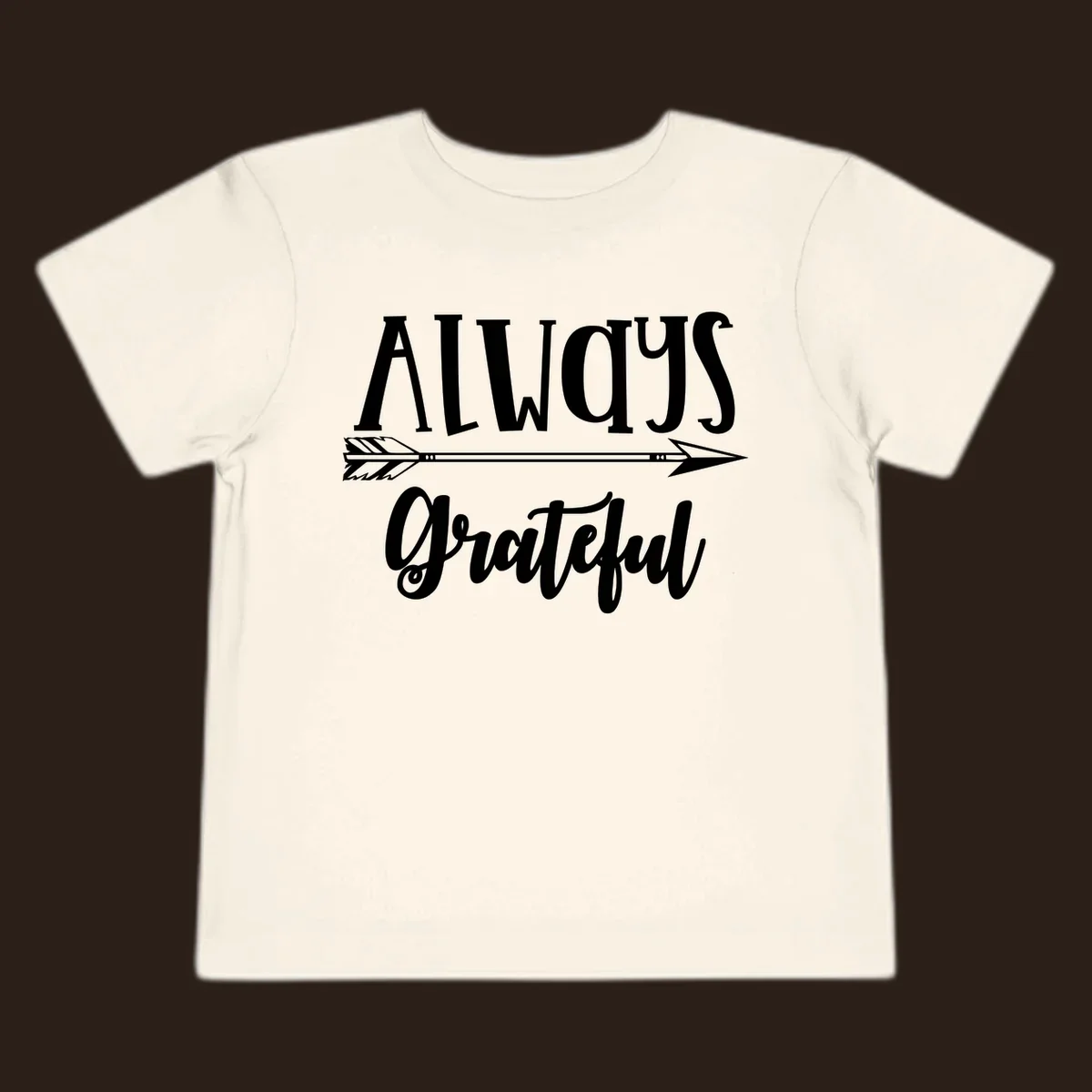 Always Grateful arrow design with white text on black and white backgrounds.