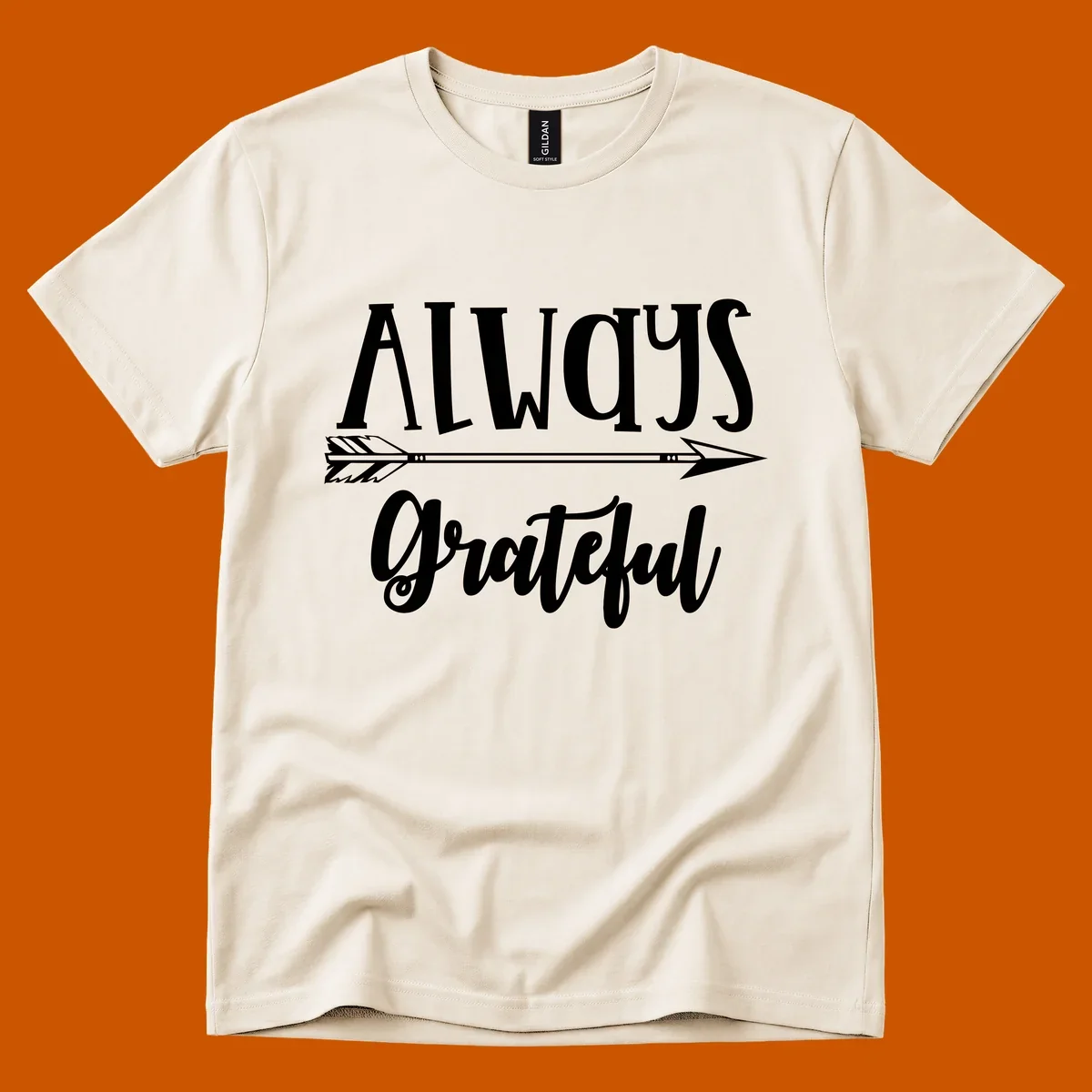 Always Grateful arrow design with white text on black and white backgrounds.