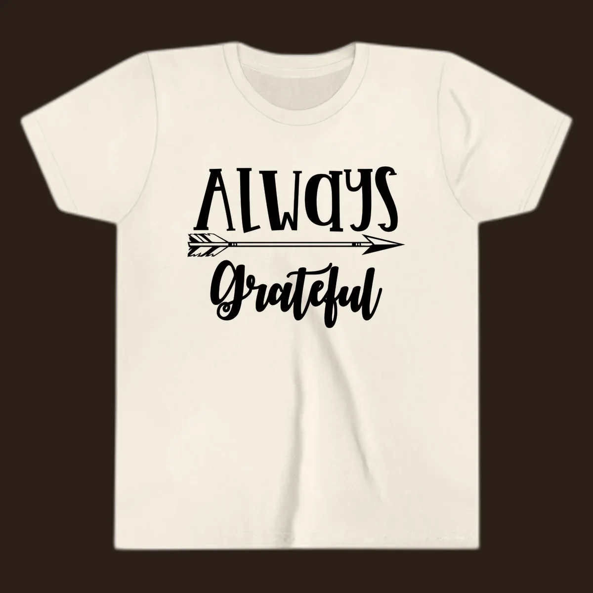 Always Grateful arrow design with white text on black and white backgrounds.