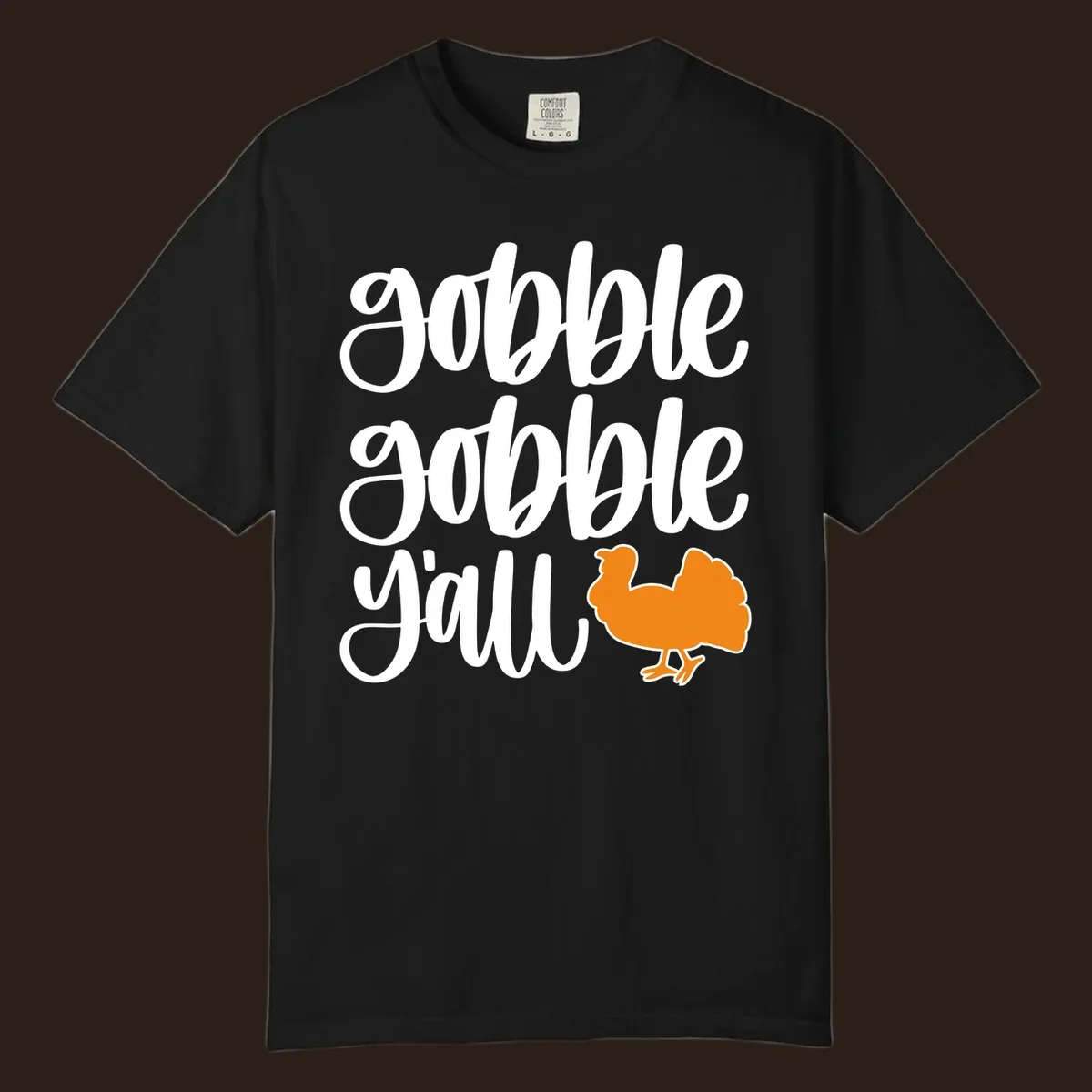 Gobble gobble y'all text with a turkey illustration, gobble-gobble-turkey Thanksgiving design.