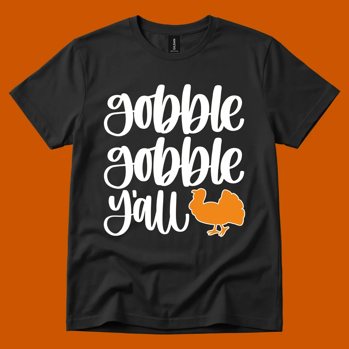 Gobble gobble y'all text with a turkey illustration, gobble-gobble-turkey Thanksgiving design.