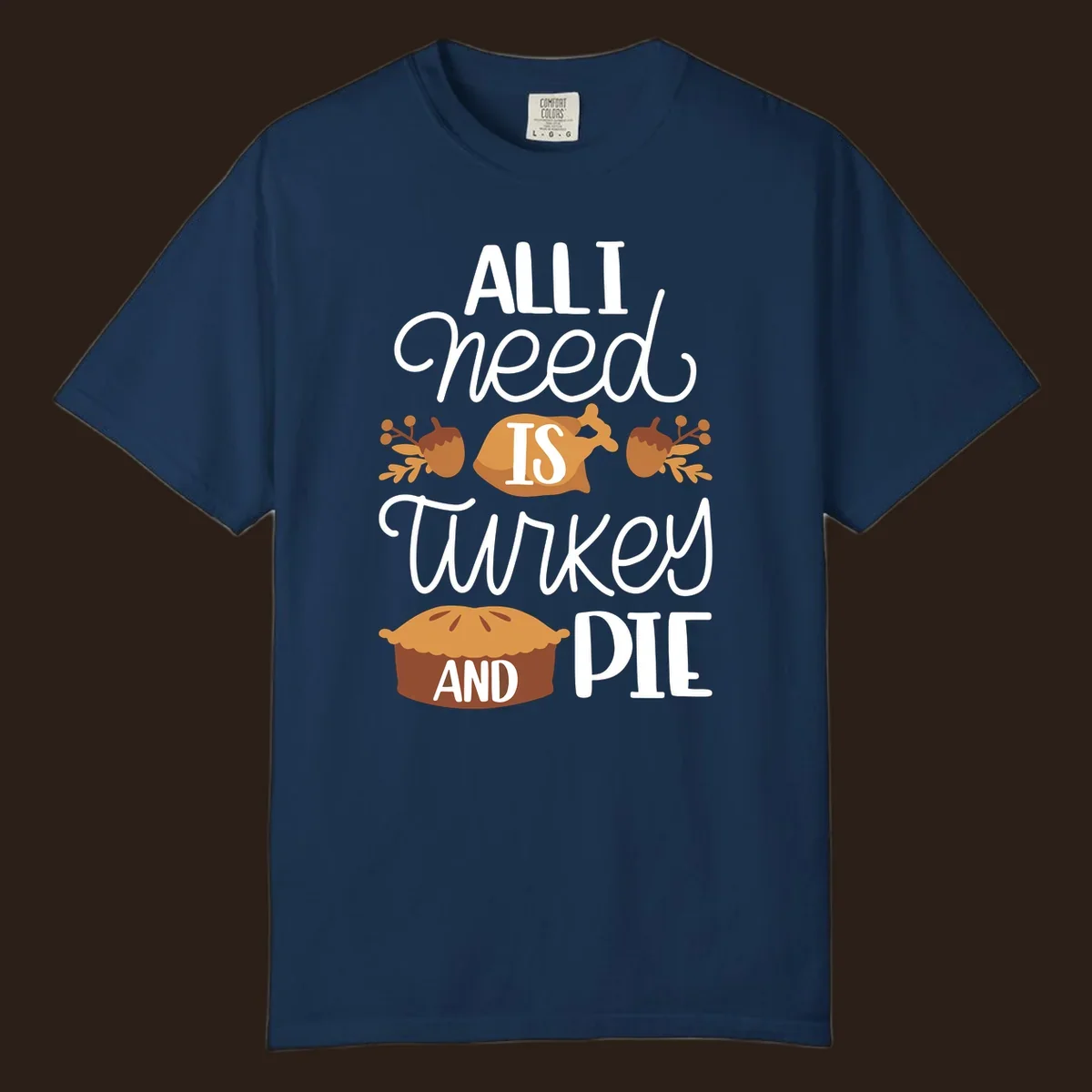 Typography design with illustrations of turkey, pie, and acorns, saying 'ALL I NEED IS TURKEY AND PIE'.