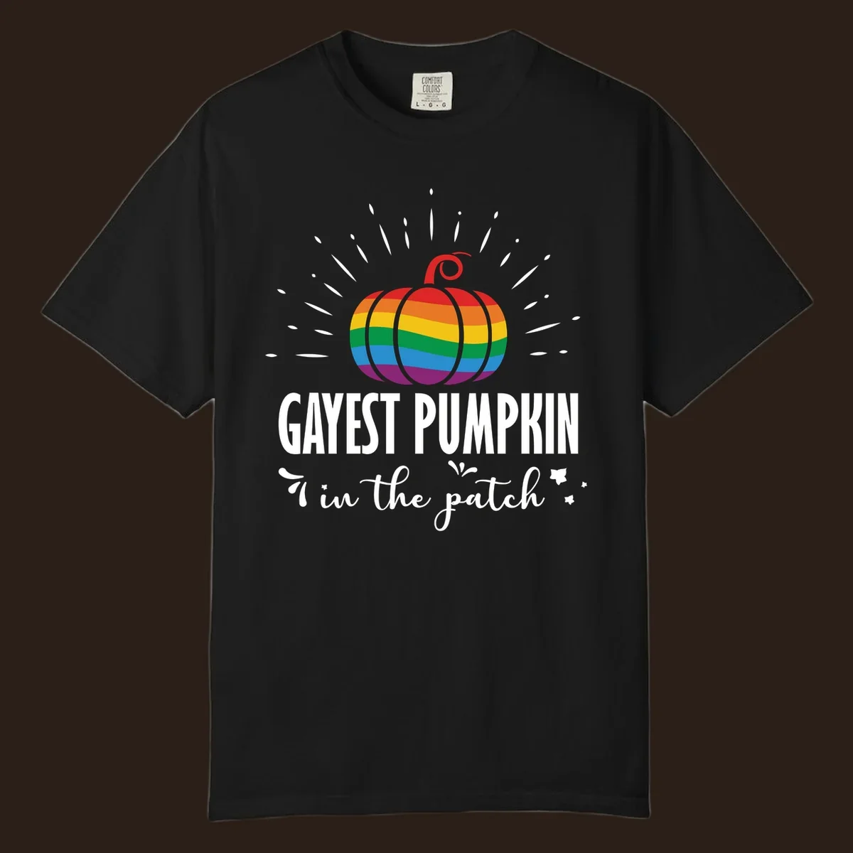 Gayest pumpkin in the patch design with rainbow pumpkin and text.