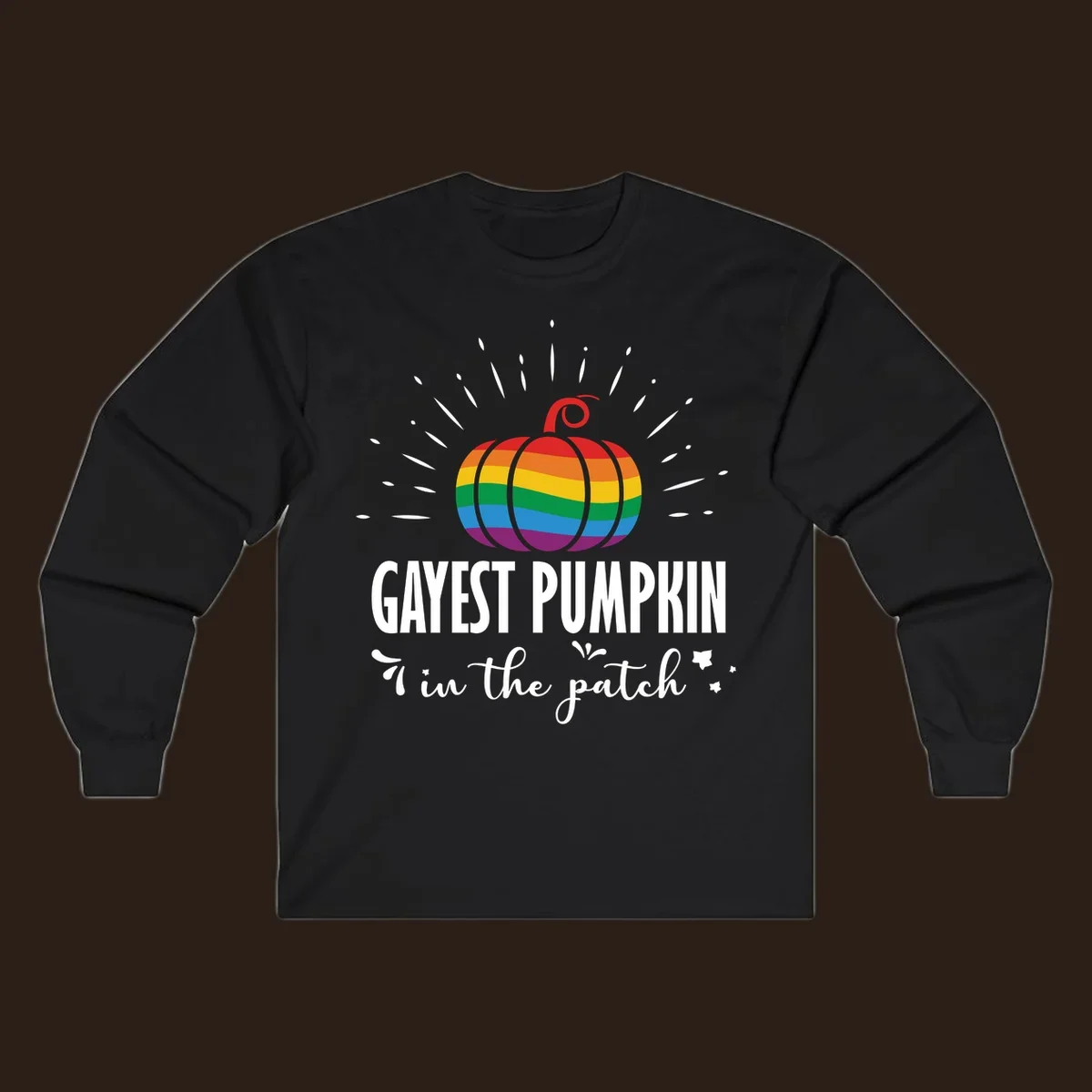 Gayest pumpkin in the patch design with rainbow pumpkin and text.