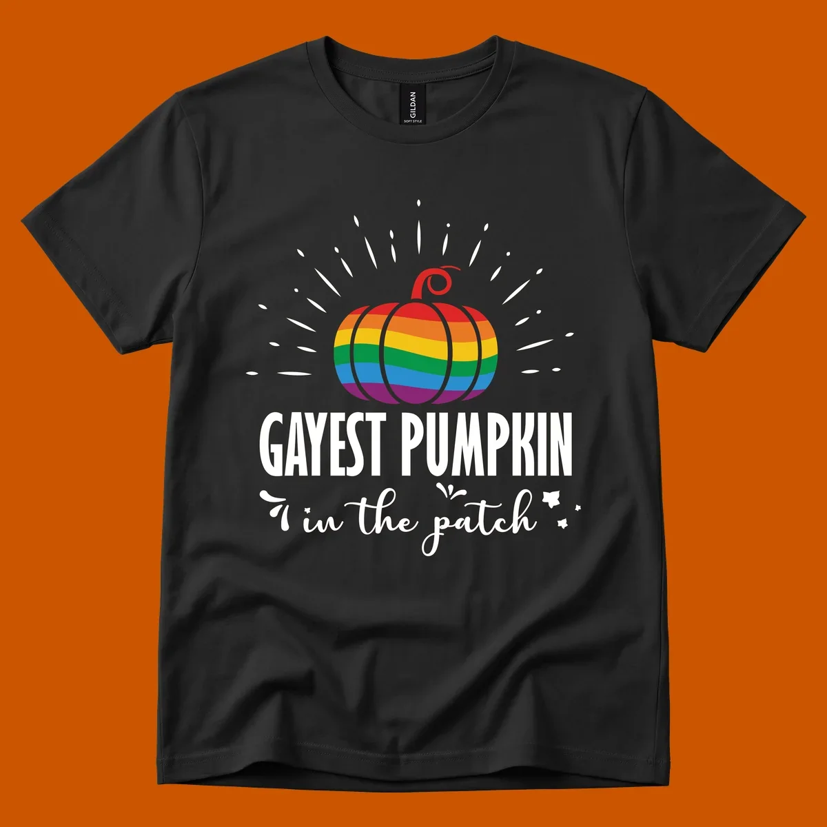 Gayest pumpkin in the patch design with rainbow pumpkin and text.