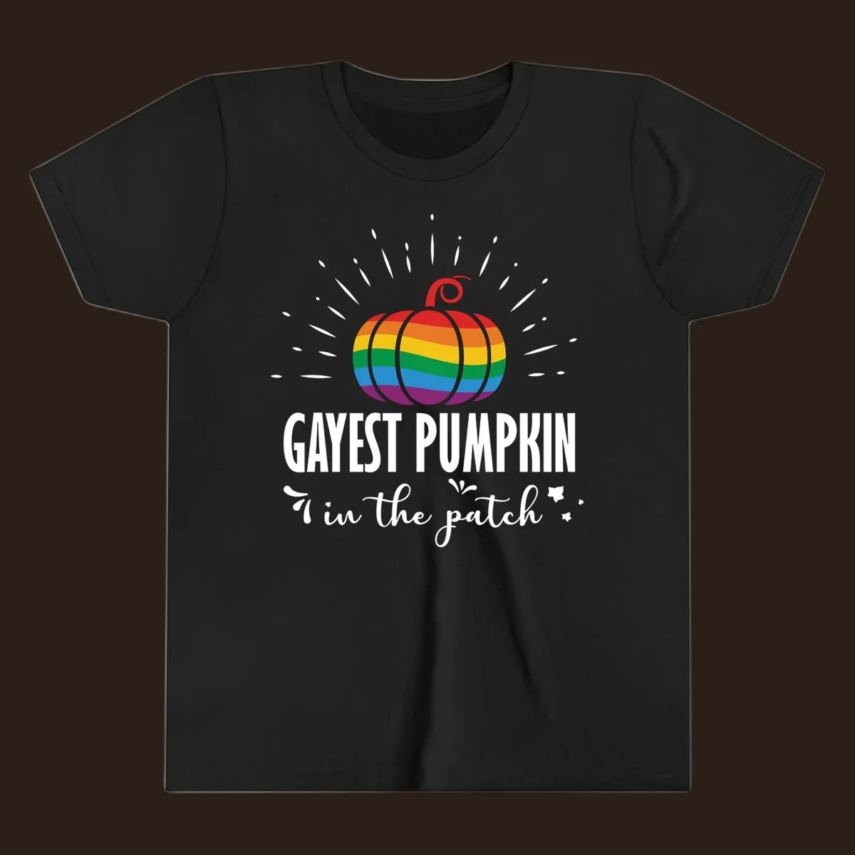 Gayest pumpkin in the patch design with rainbow pumpkin and text.