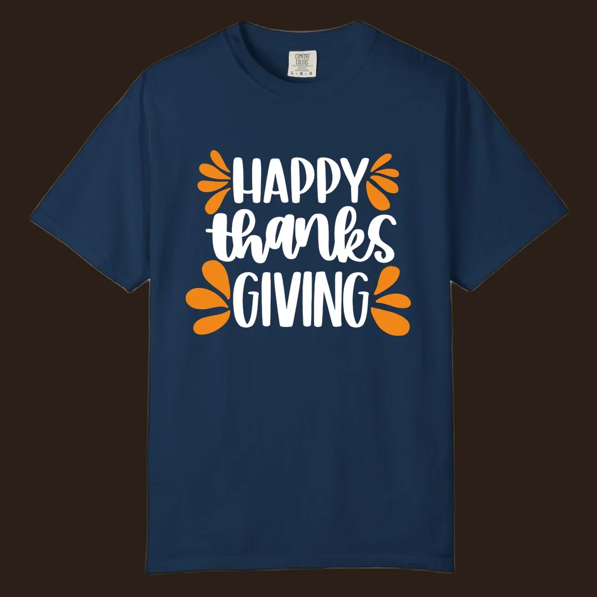 Happy Thanksgiving text with orange leaf accents, typography design.
