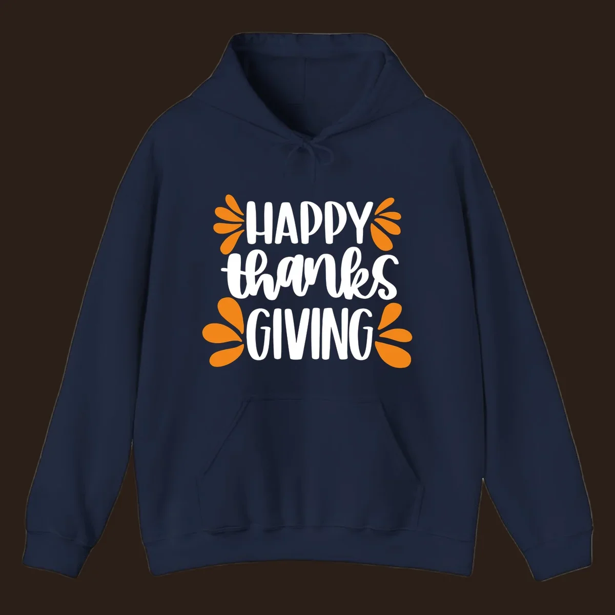 Happy Thanksgiving text with orange leaf accents, typography design.