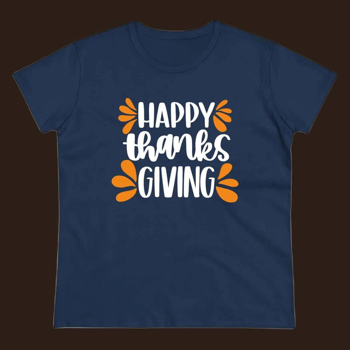 Happy Thanksgiving text with orange leaf accents, typography design.