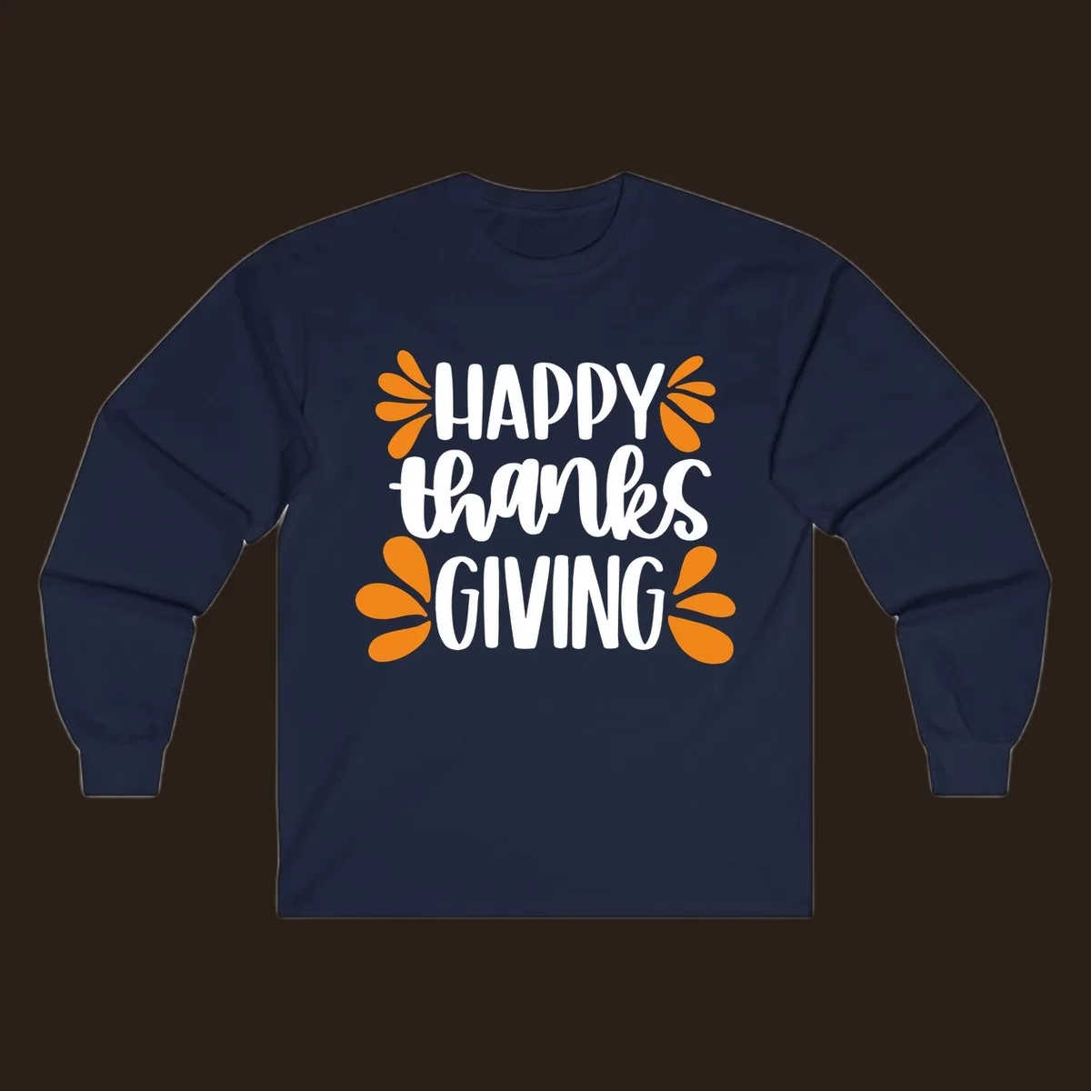 Happy Thanksgiving text with orange leaf accents, typography design.