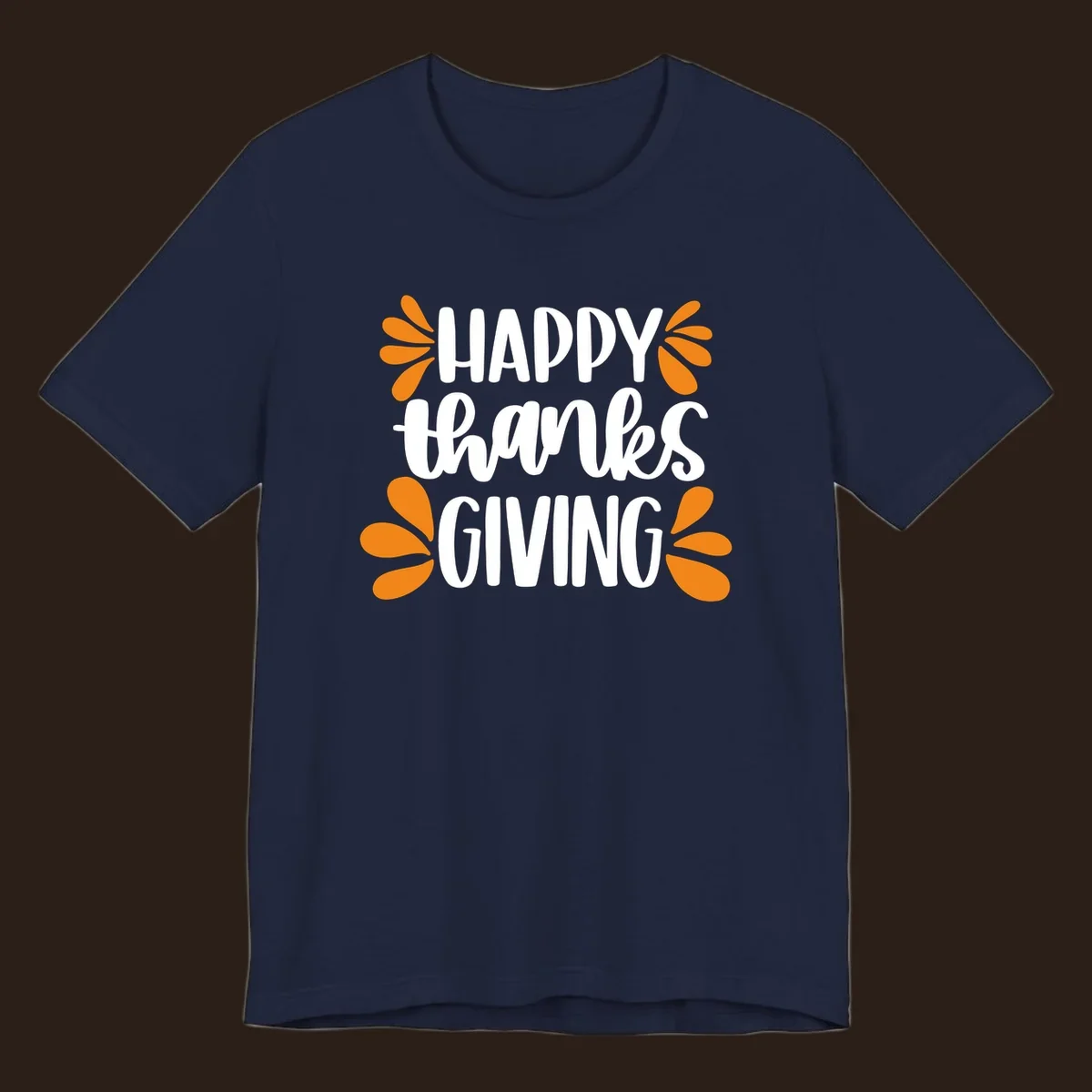 Happy Thanksgiving text with orange leaf accents, typography design.