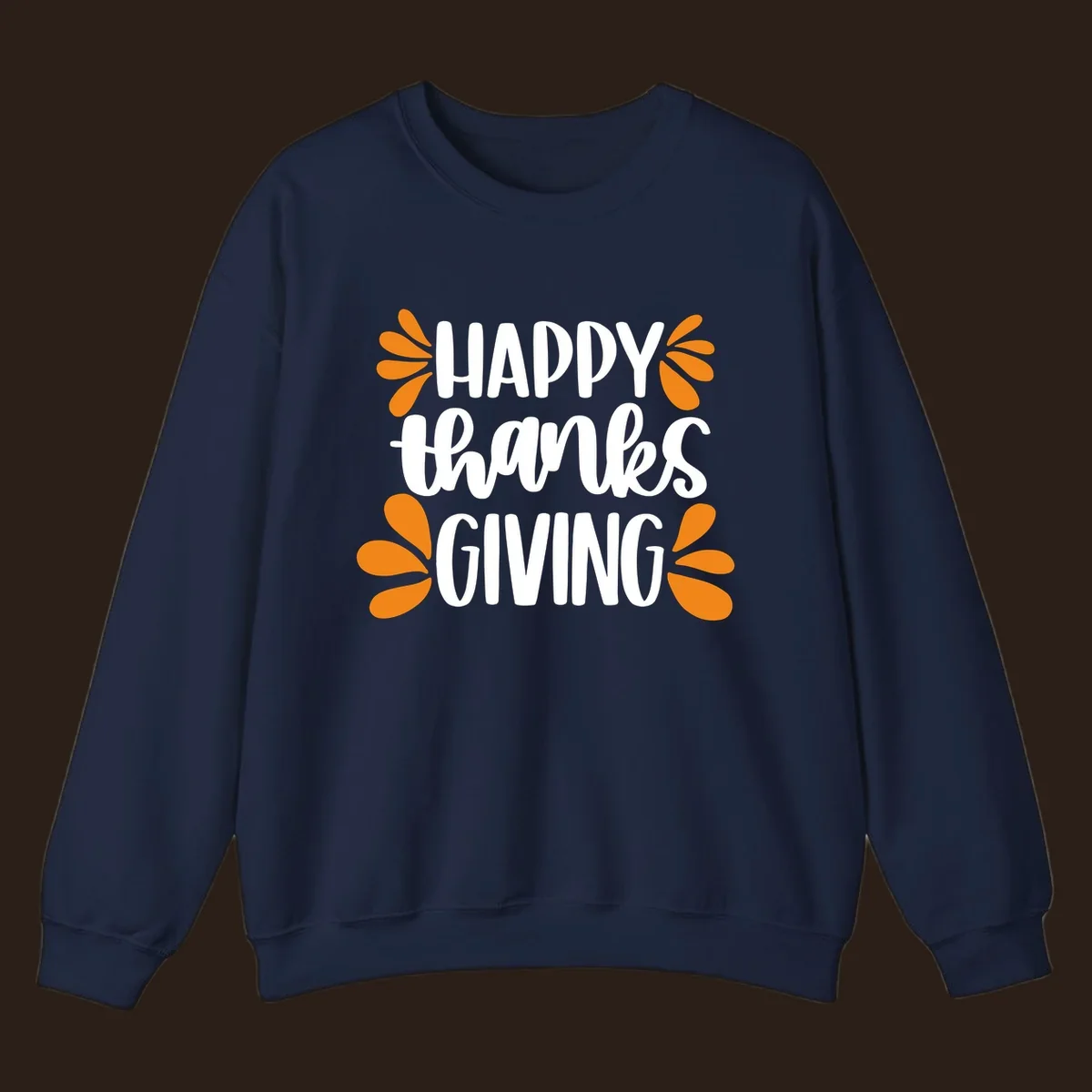 Happy Thanksgiving text with orange leaf accents, typography design.