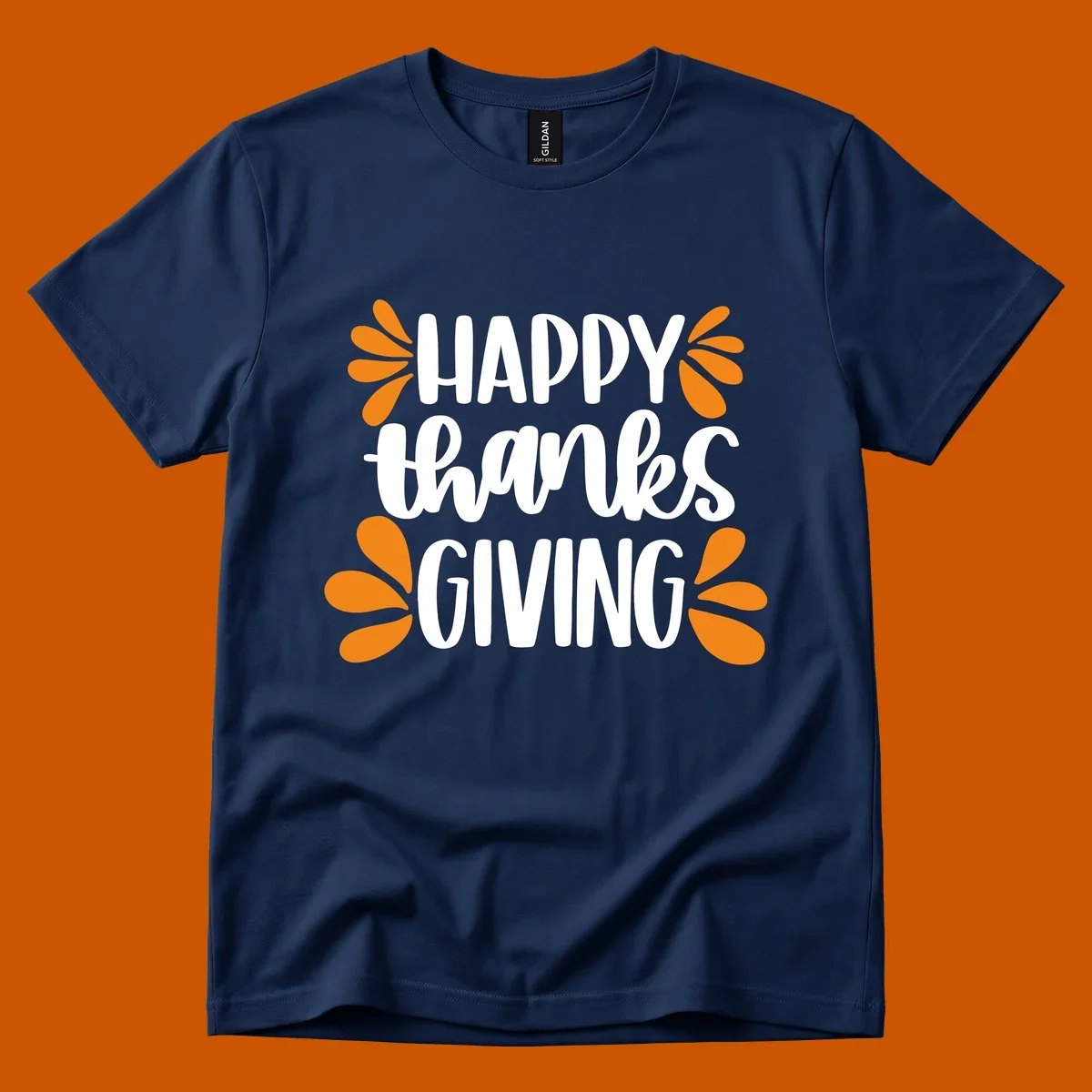 Happy Thanksgiving text with orange leaf accents, typography design.