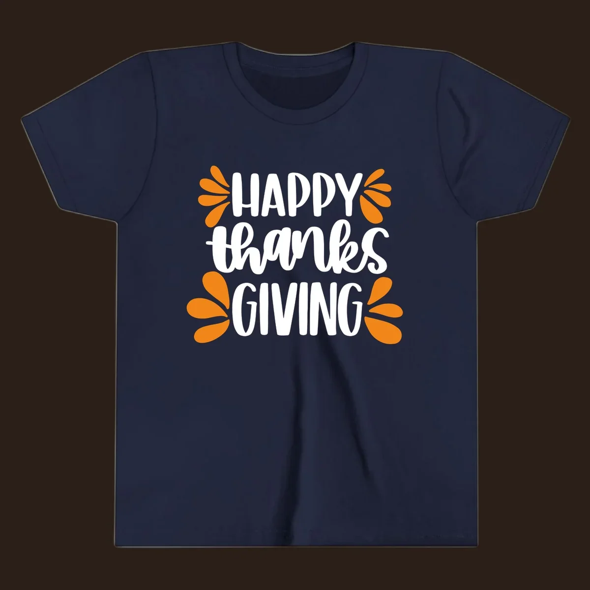Happy Thanksgiving text with orange leaf accents, typography design.