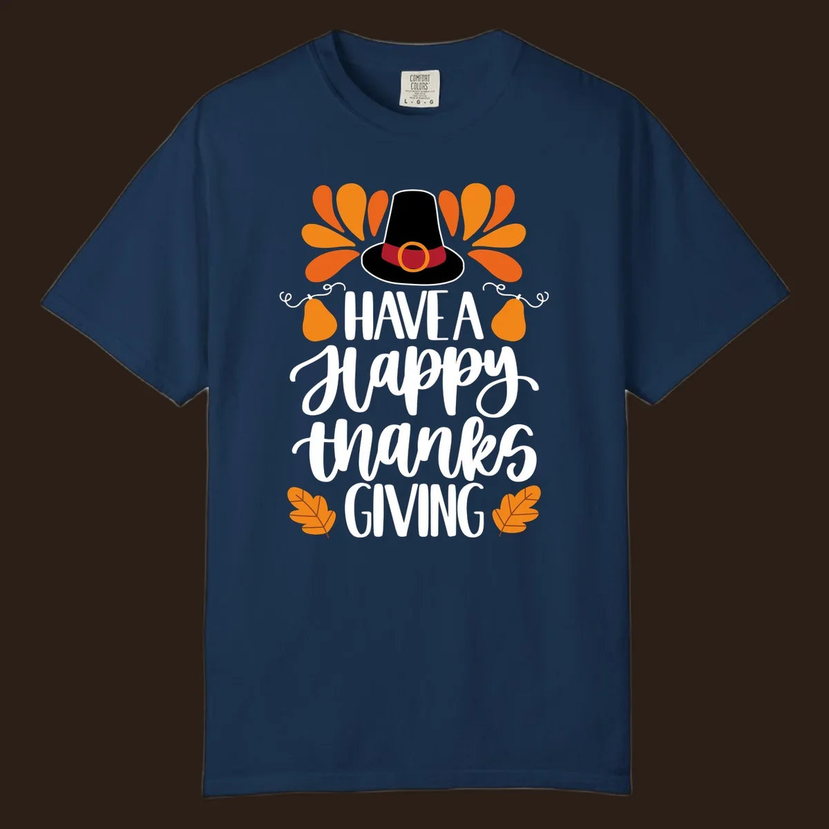 Have a Happy Thanksgiving phrase with pilgrim hat, fall leaves, and pumpkins illustration.