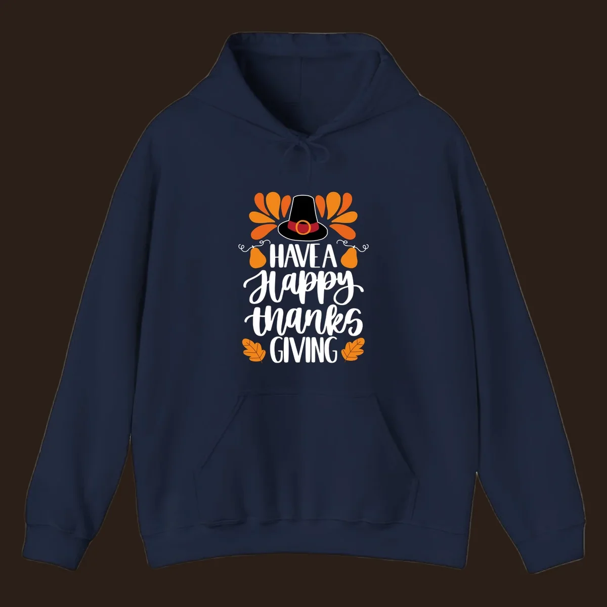 Have a Happy Thanksgiving phrase with pilgrim hat, fall leaves, and pumpkins illustration.