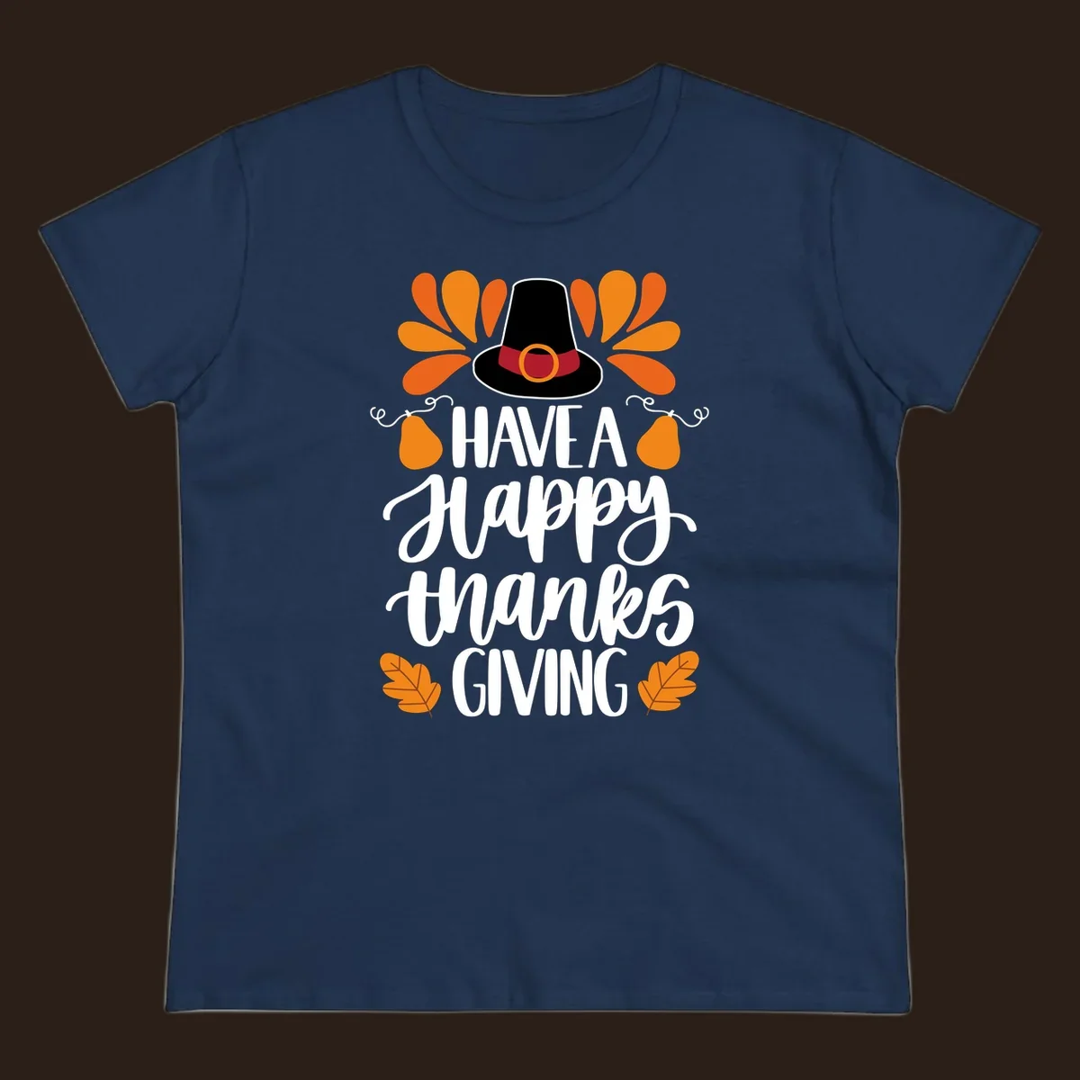 Have a Happy Thanksgiving phrase with pilgrim hat, fall leaves, and pumpkins illustration.