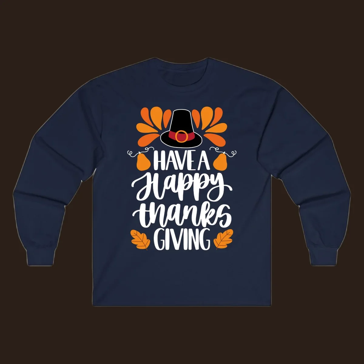 Have a Happy Thanksgiving phrase with pilgrim hat, fall leaves, and pumpkins illustration.