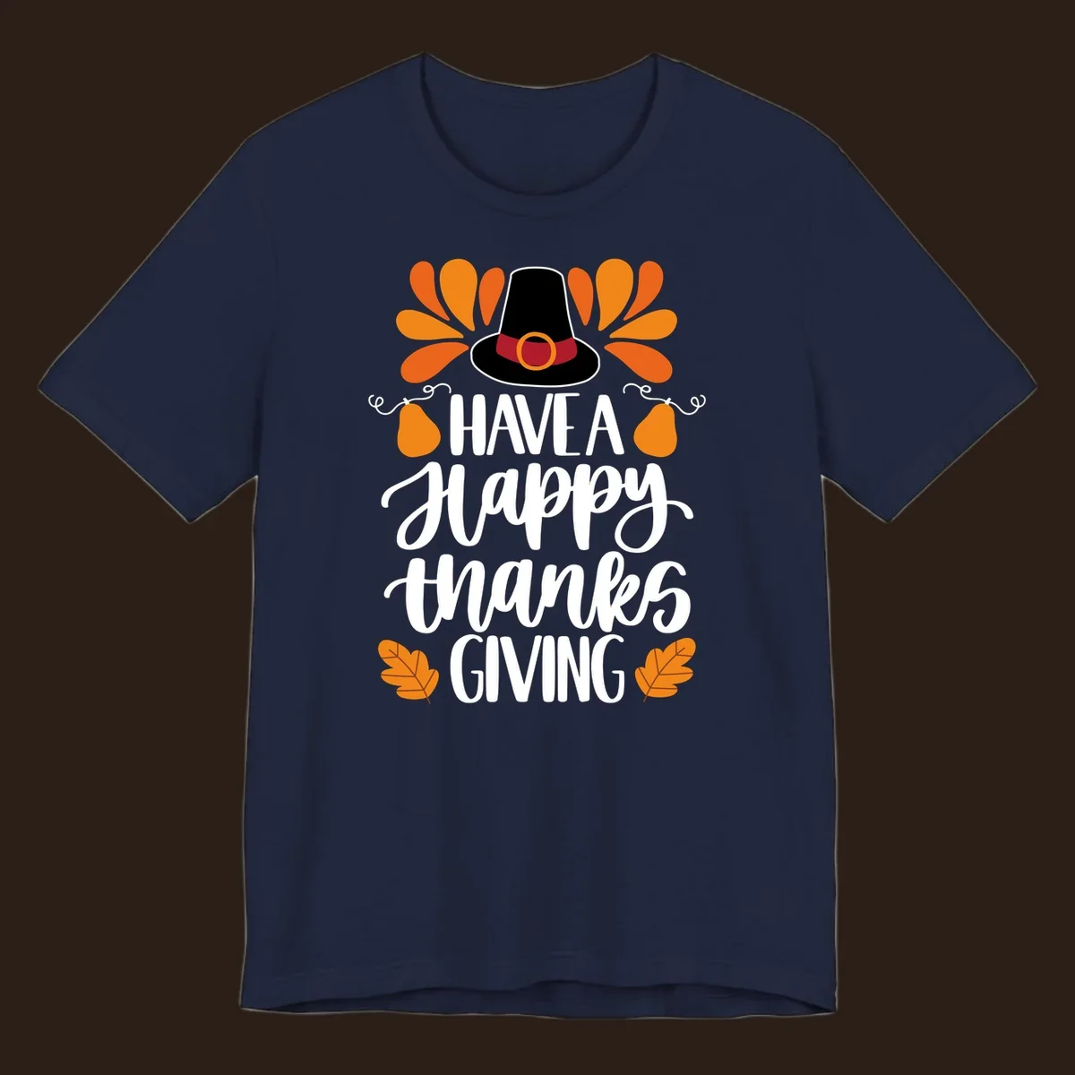 Have a Happy Thanksgiving phrase with pilgrim hat, fall leaves, and pumpkins illustration.