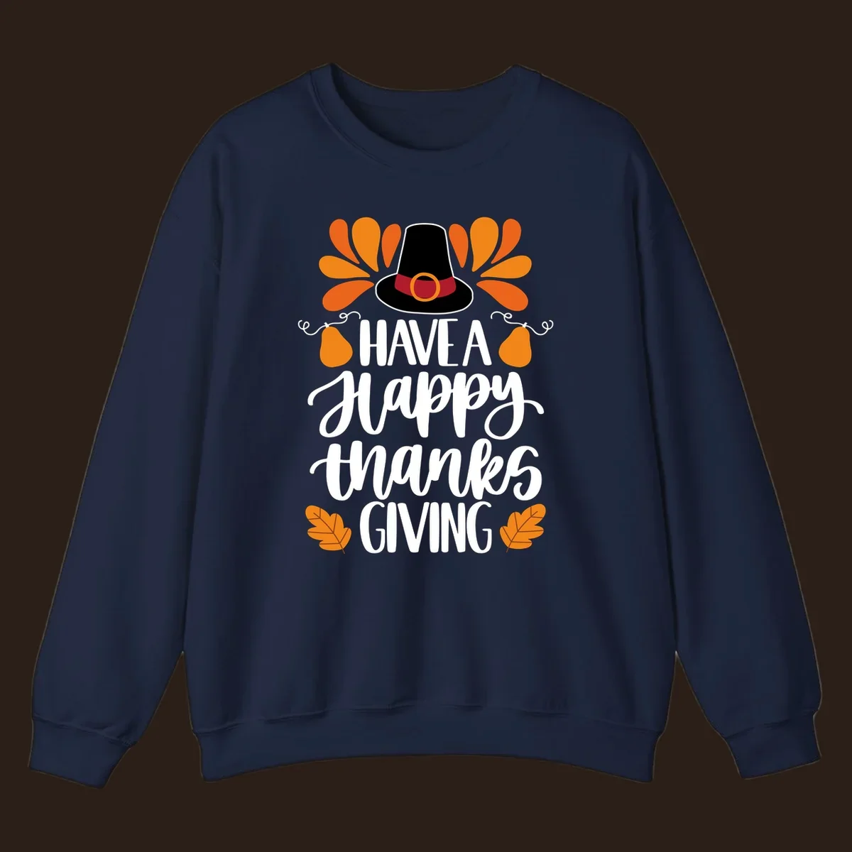 Have a Happy Thanksgiving phrase with pilgrim hat, fall leaves, and pumpkins illustration.