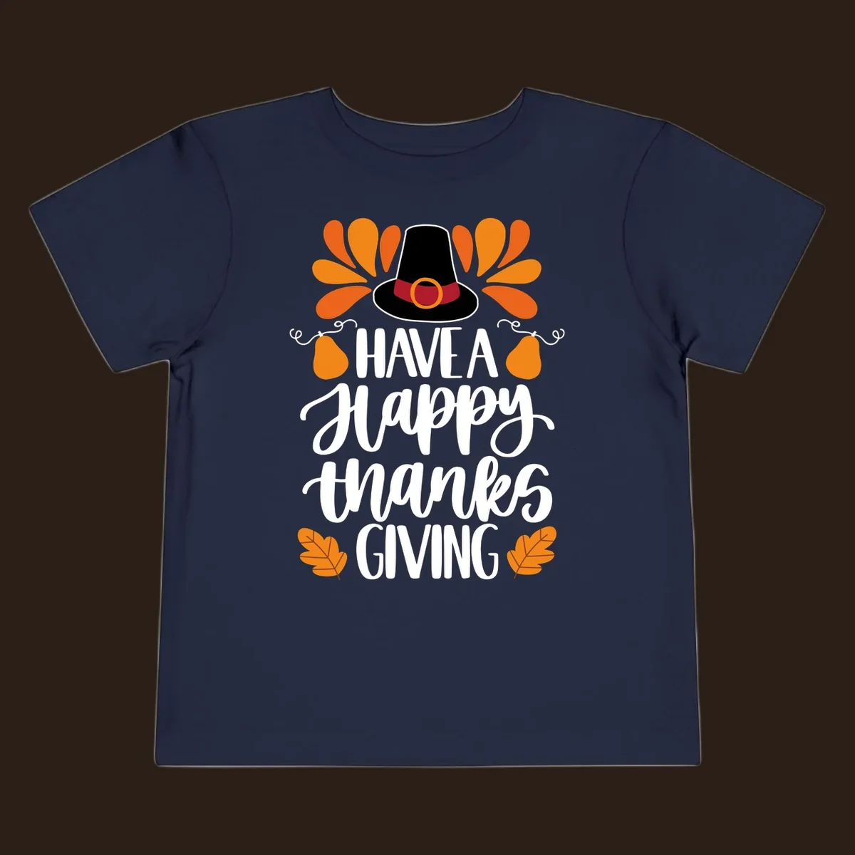 Have a Happy Thanksgiving phrase with pilgrim hat, fall leaves, and pumpkins illustration.
