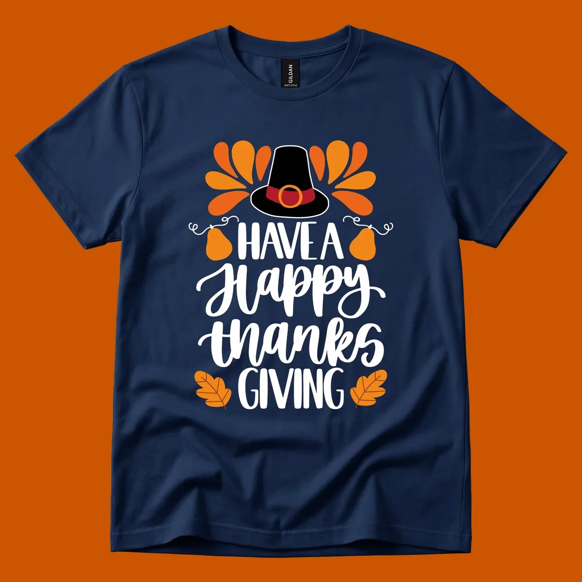 Have a Happy Thanksgiving phrase with pilgrim hat, fall leaves, and pumpkins illustration.