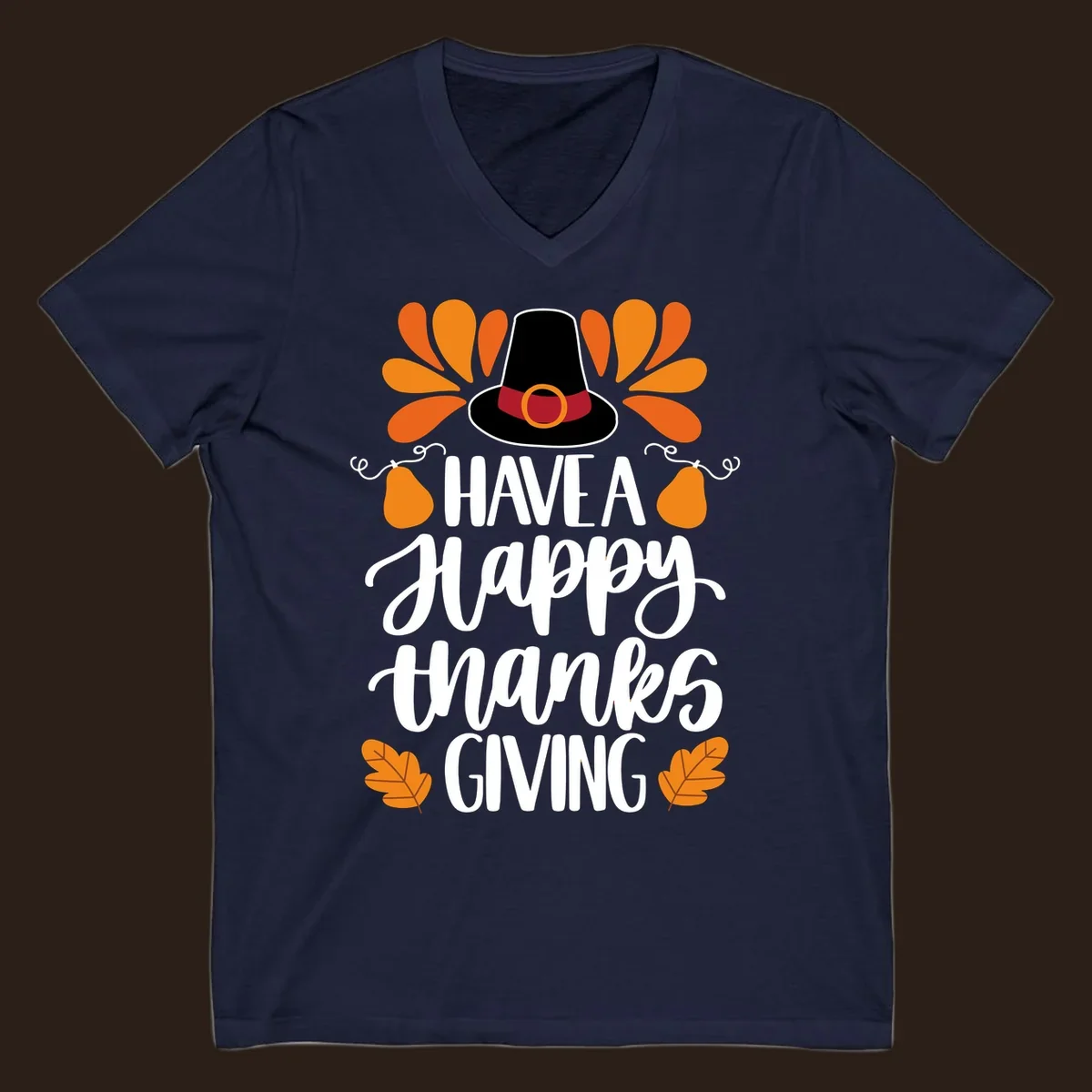 Have a Happy Thanksgiving phrase with pilgrim hat, fall leaves, and pumpkins illustration.