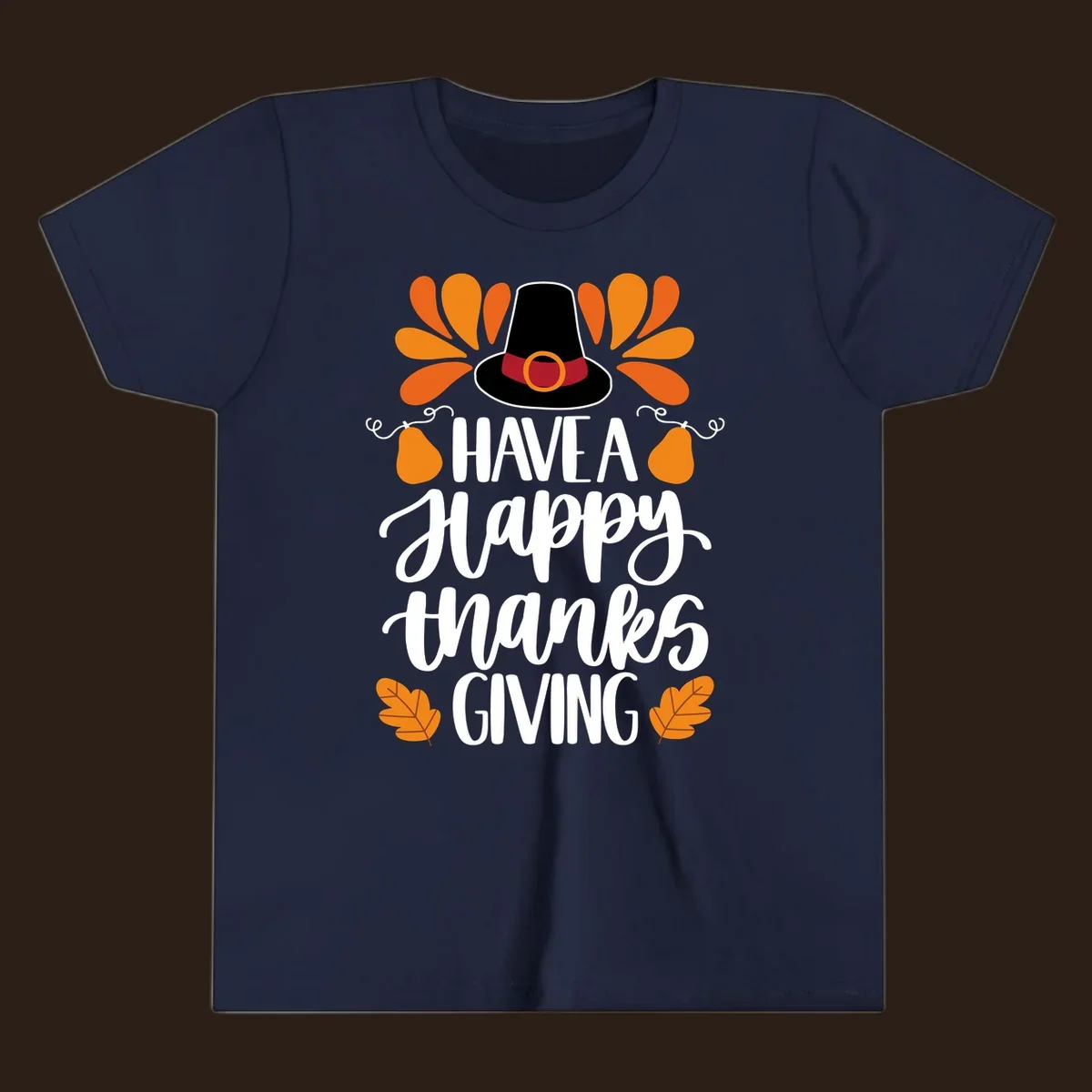 Have a Happy Thanksgiving phrase with pilgrim hat, fall leaves, and pumpkins illustration.