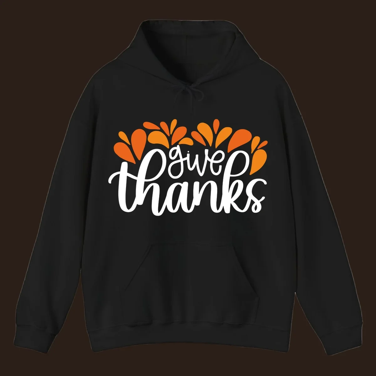 give thanks leaves design with white script text and orange leaf shapes
