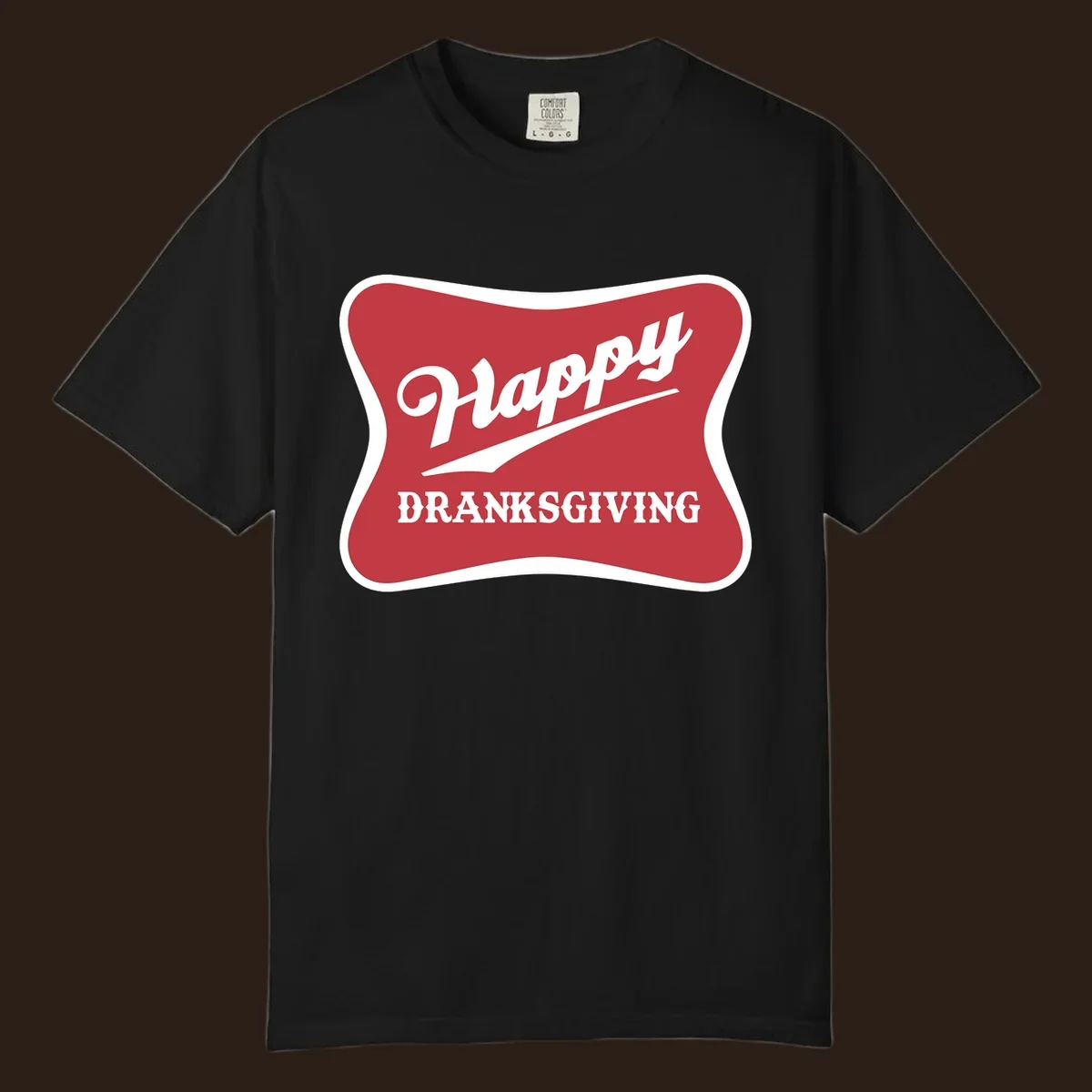 Happy Dranksgiving typography design on a red and white banner.