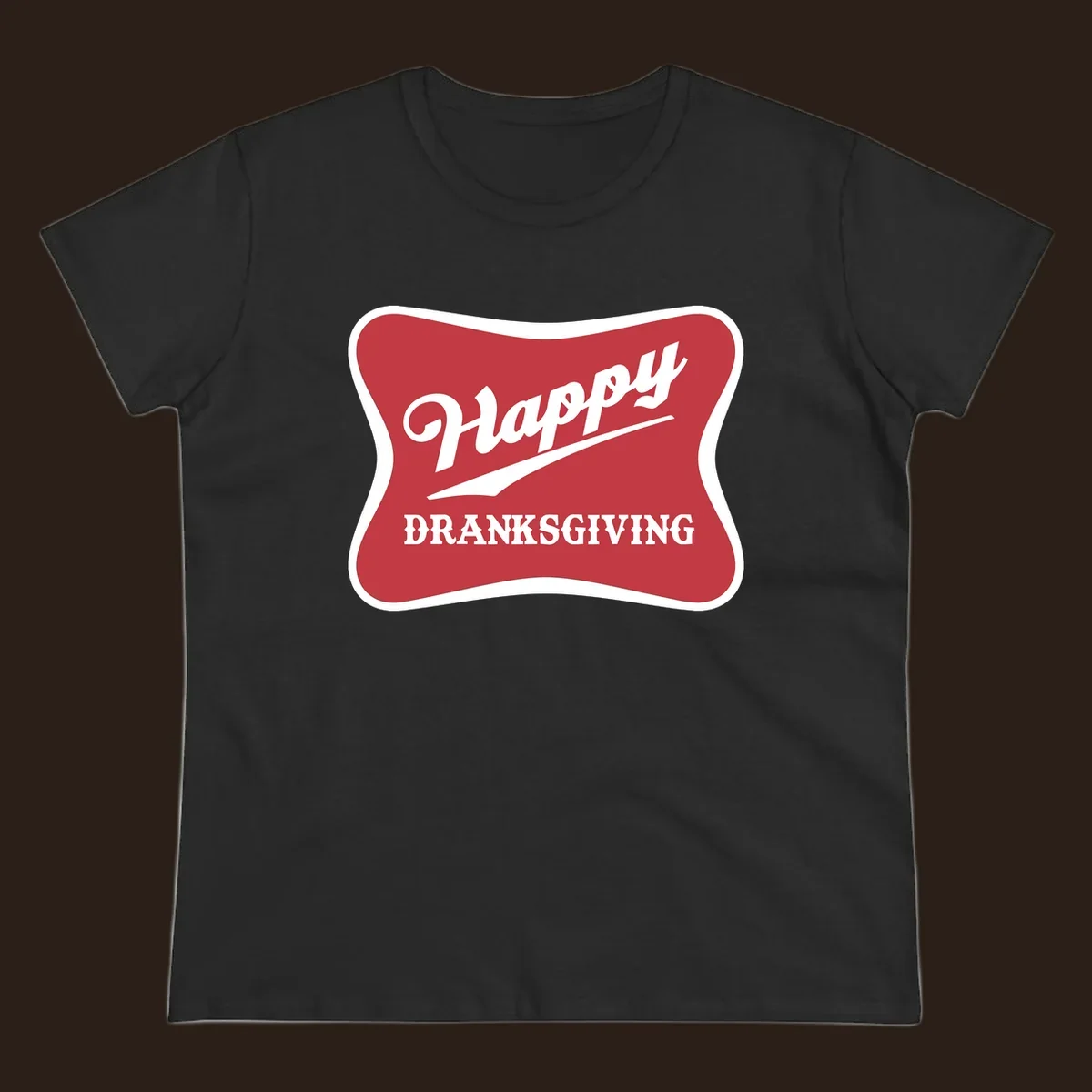 Happy Dranksgiving typography design on a red and white banner.