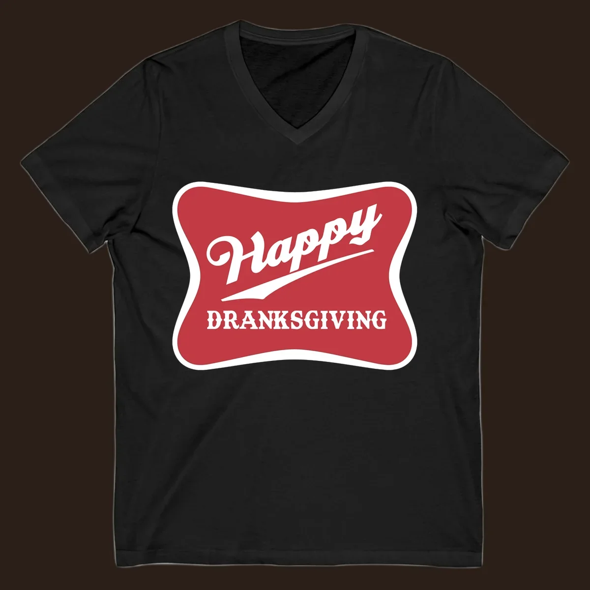 Happy Dranksgiving typography design on a red and white banner.