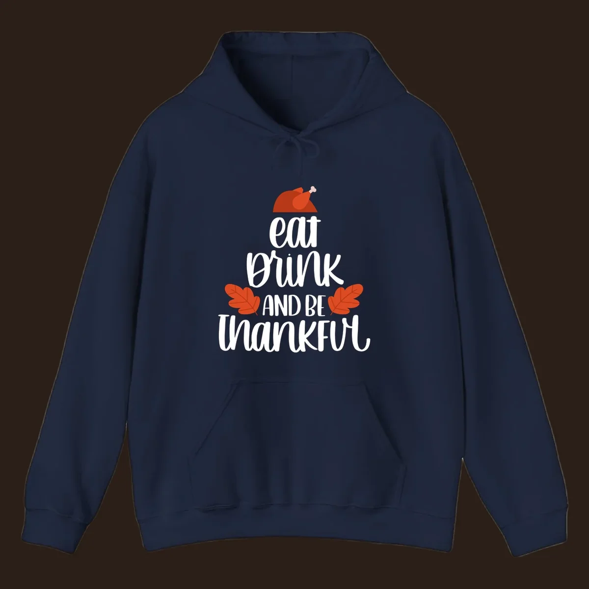 Eat Drink And Be Thankful Thanksgiving design with turkey and fall leaves. eat-drink-thankful.