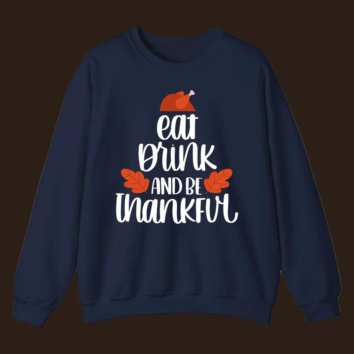 Eat Drink And Be Thankful Thanksgiving design with turkey and fall leaves. eat-drink-thankful.