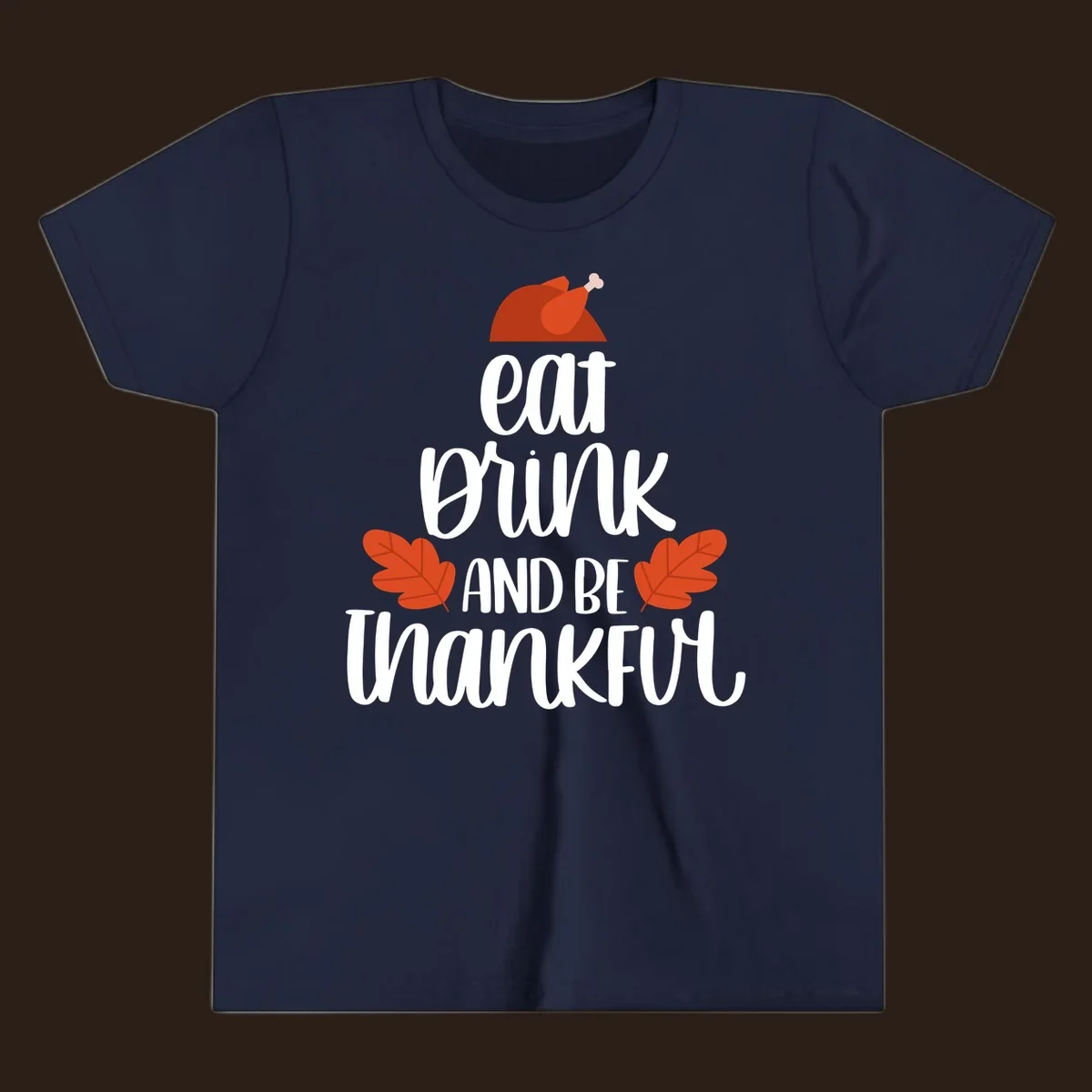 Eat Drink And Be Thankful Thanksgiving design with turkey and fall leaves. eat-drink-thankful.
