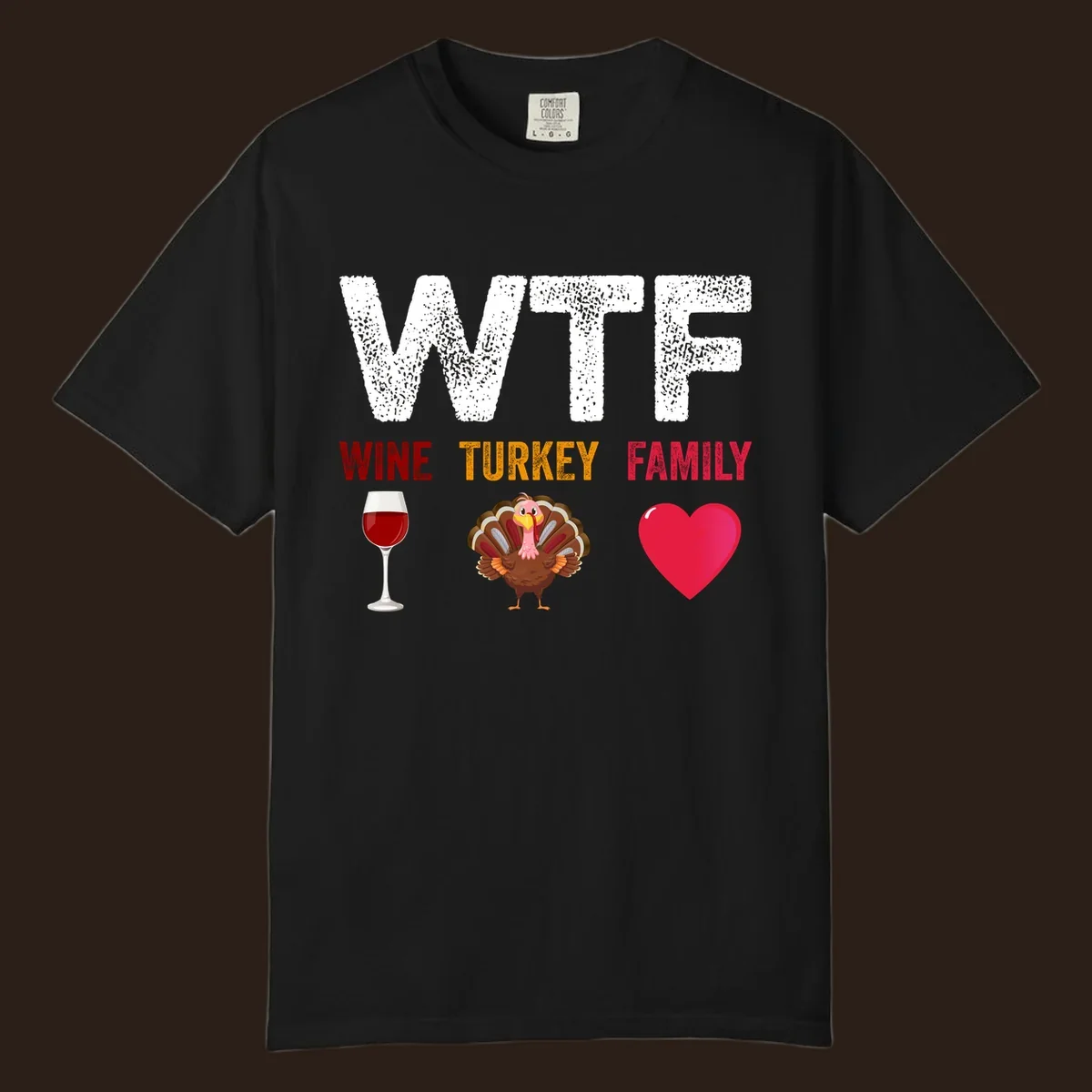 WTF Wine Turkey Family Thanksgiving design with wine glass, turkey, and heart. wtf-thanksgiving-wine.