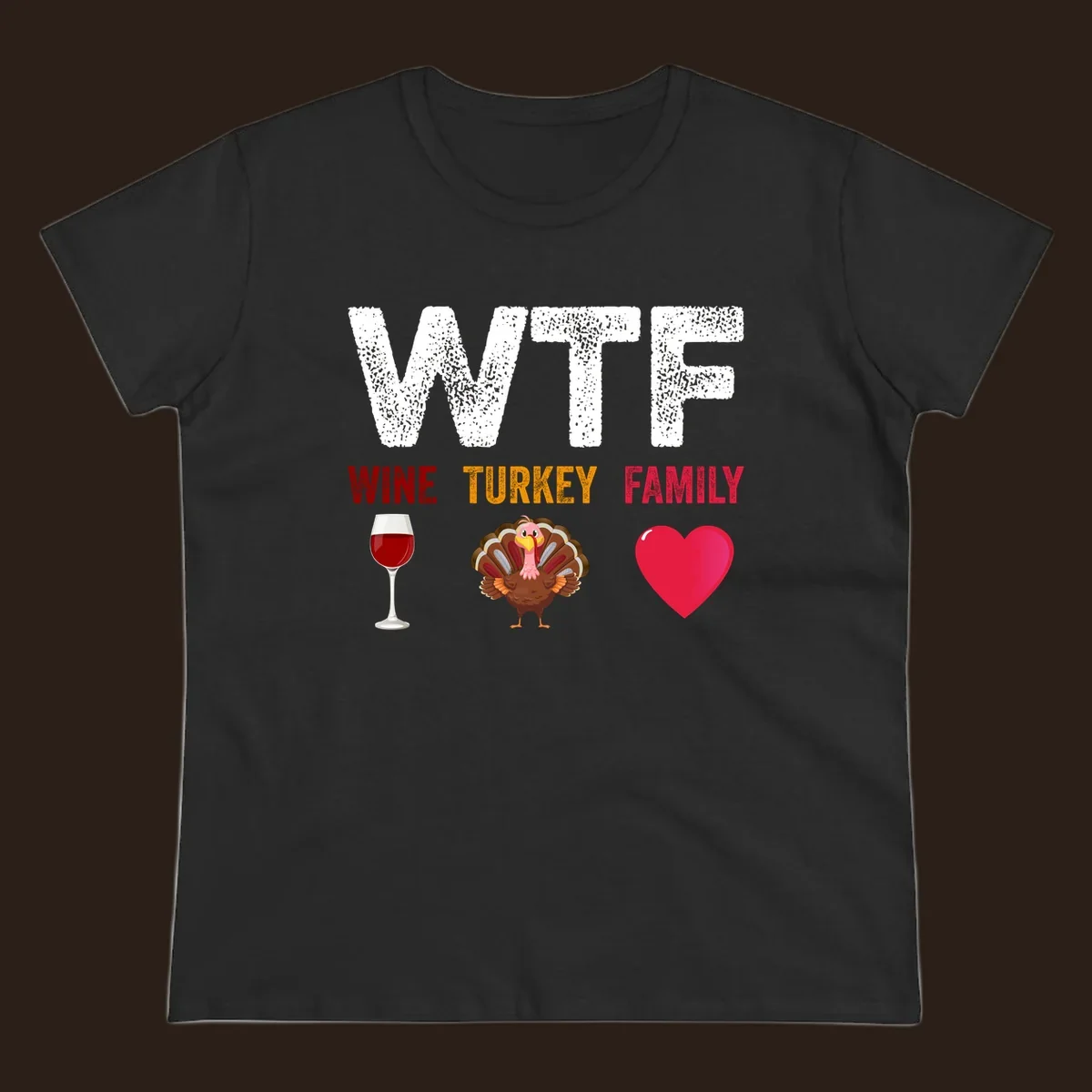 WTF Wine Turkey Family Thanksgiving design with wine glass, turkey, and heart. wtf-thanksgiving-wine.