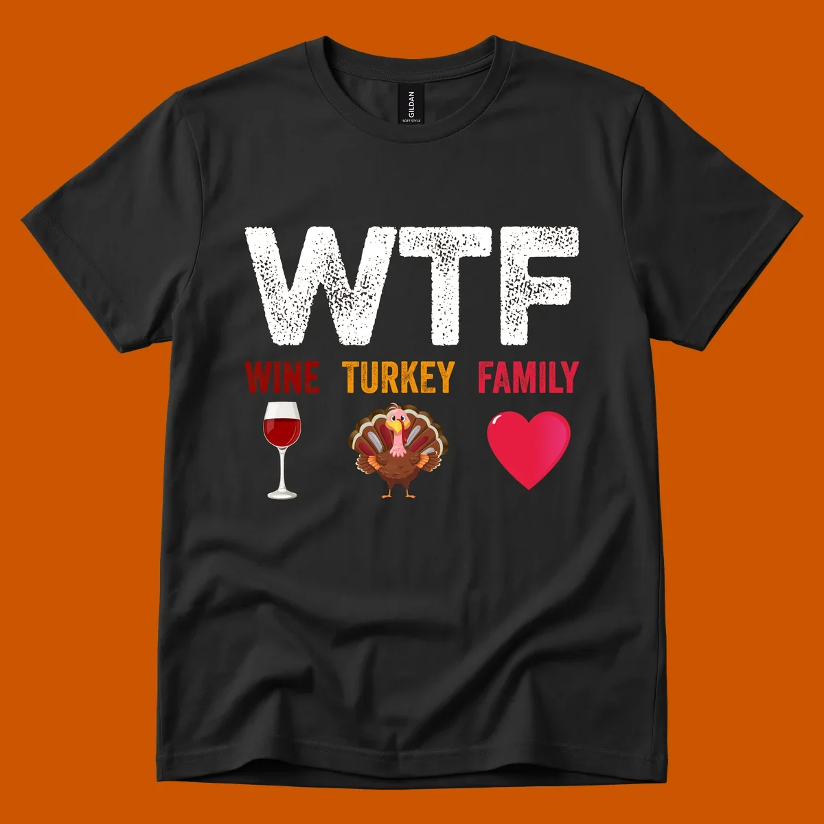 WTF Wine Turkey Family Thanksgiving design with wine glass, turkey, and heart. wtf-thanksgiving-wine.
