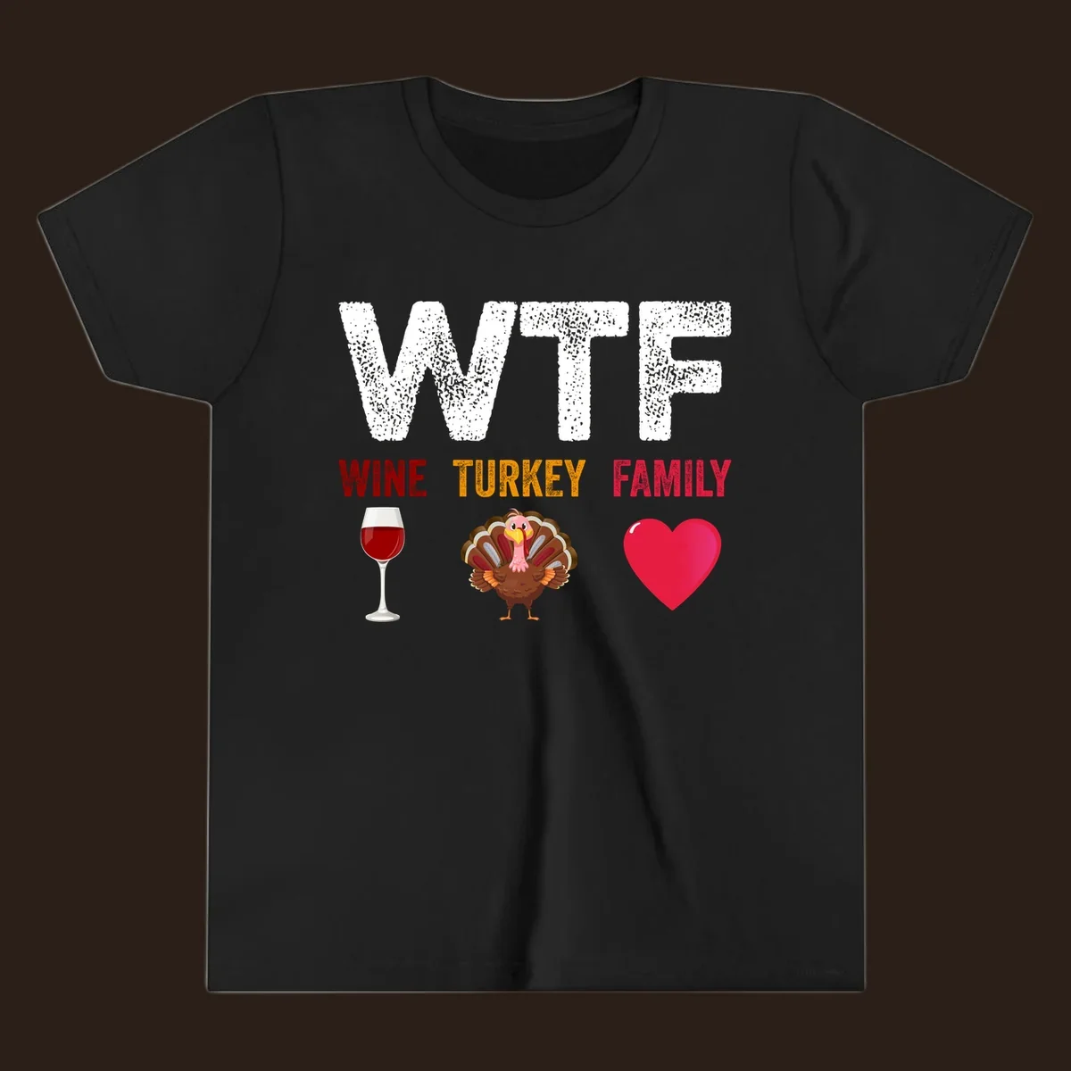 WTF Wine Turkey Family Thanksgiving design with wine glass, turkey, and heart. wtf-thanksgiving-wine.