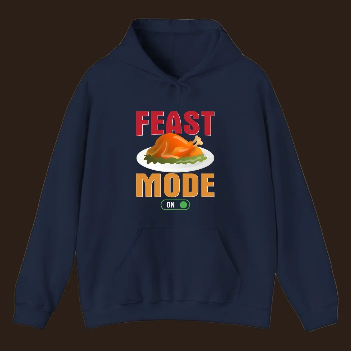 Feast mode on turkey graphic with text for Thanksgiving.