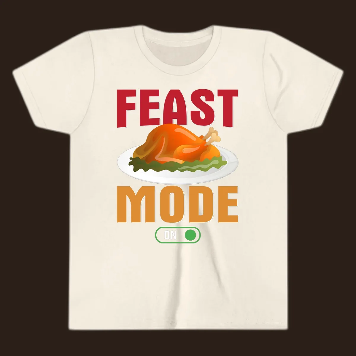 Feast mode on turkey graphic with text for Thanksgiving.