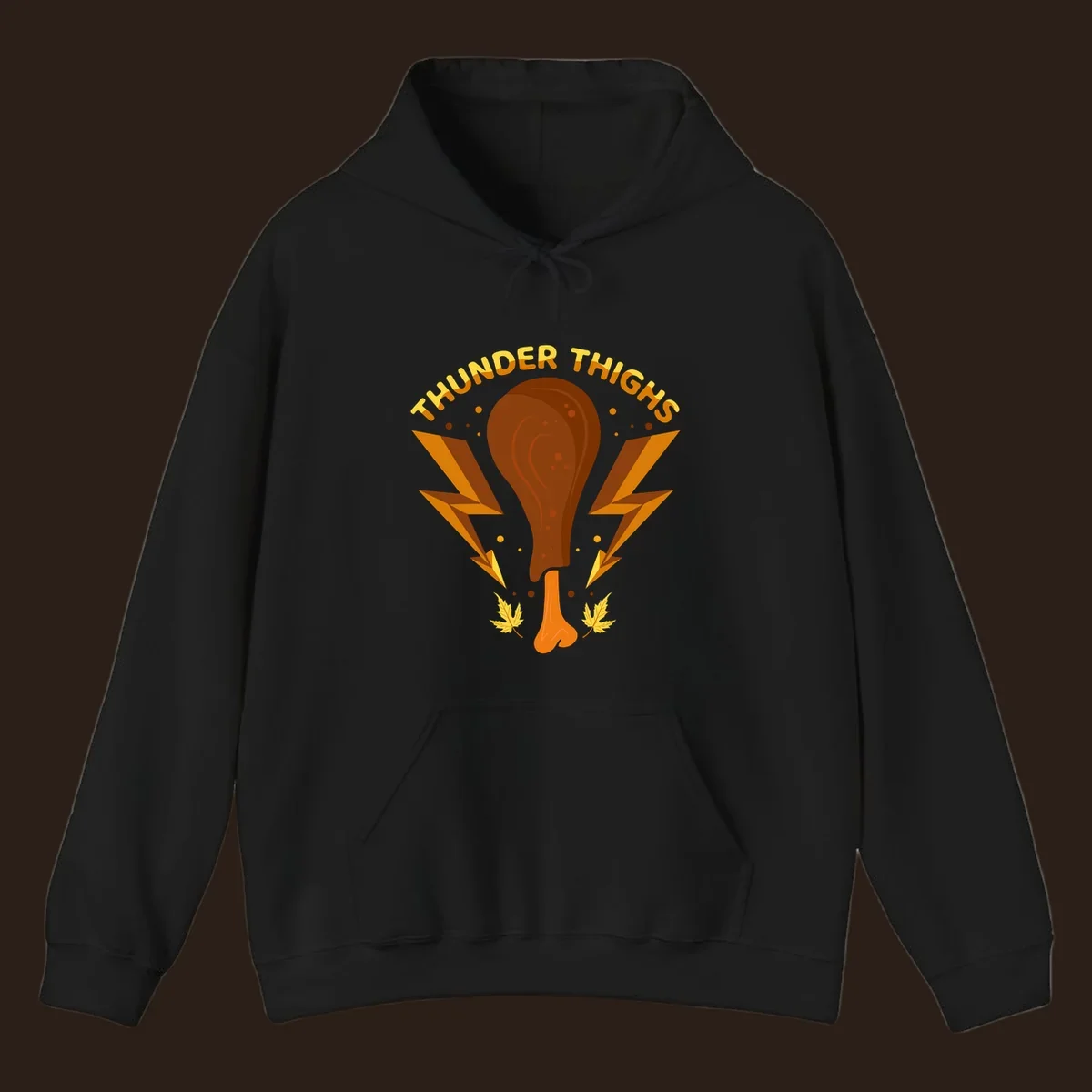 Thunder Thighs turkey leg graphic with lightning bolts and text, for Thanksgiving.