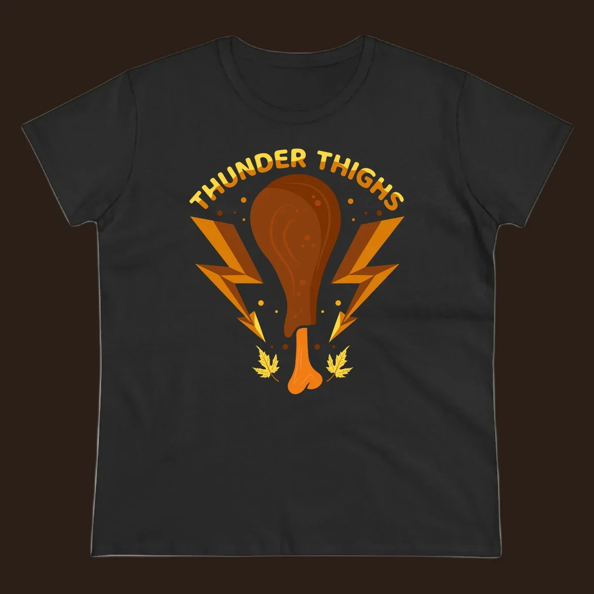 Thunder Thighs turkey leg graphic with lightning bolts and text, for Thanksgiving.