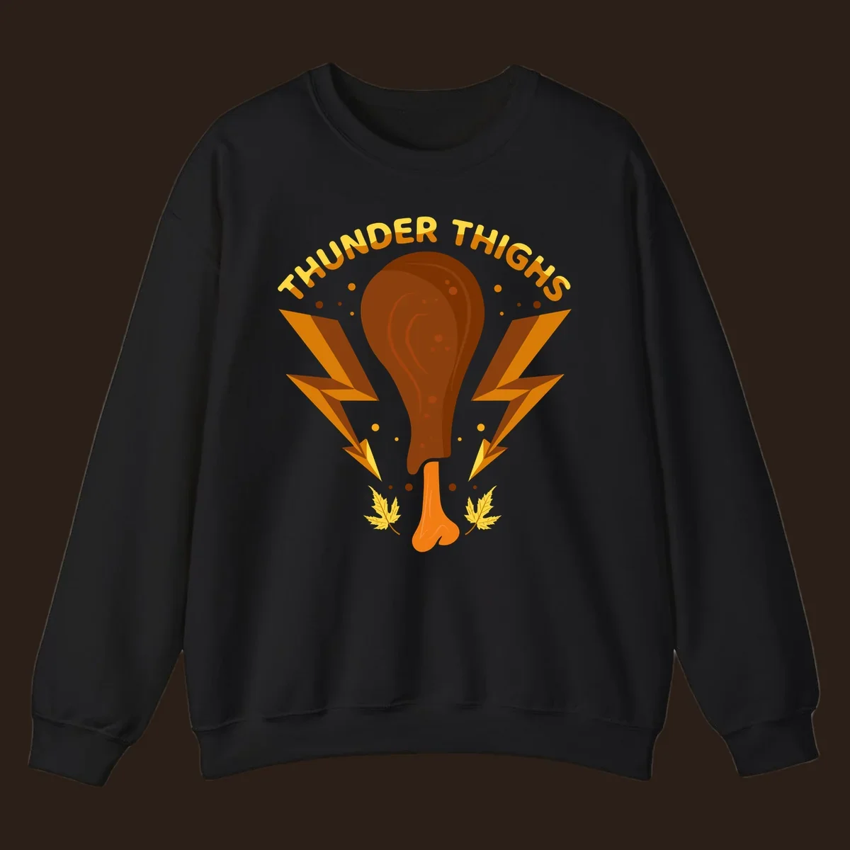 Thunder Thighs turkey leg graphic with lightning bolts and text, for Thanksgiving.