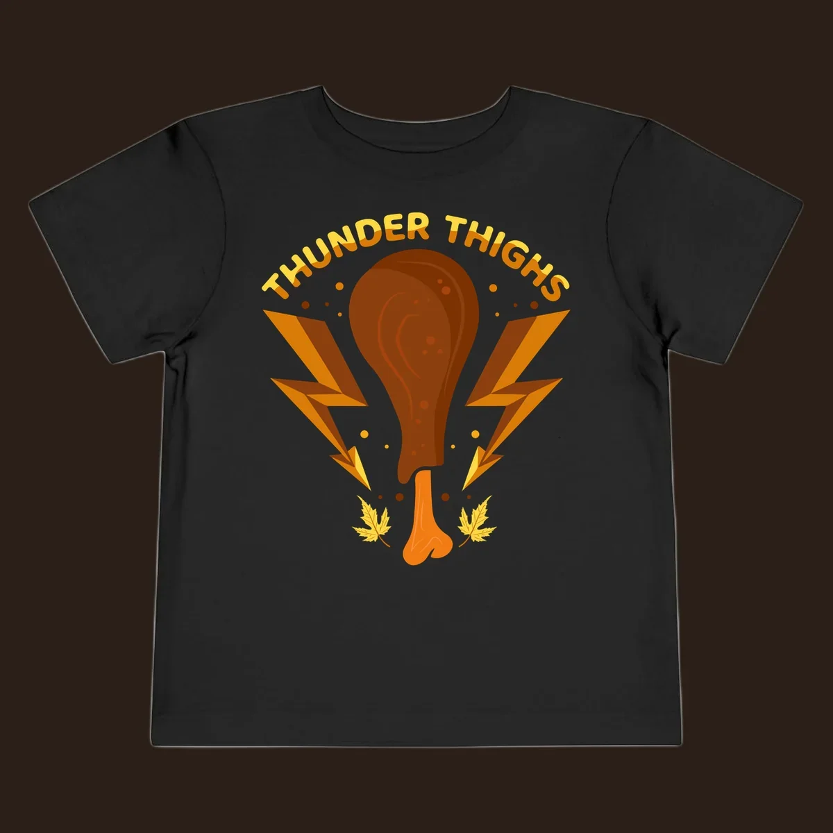 Thunder Thighs turkey leg graphic with lightning bolts and text, for Thanksgiving.