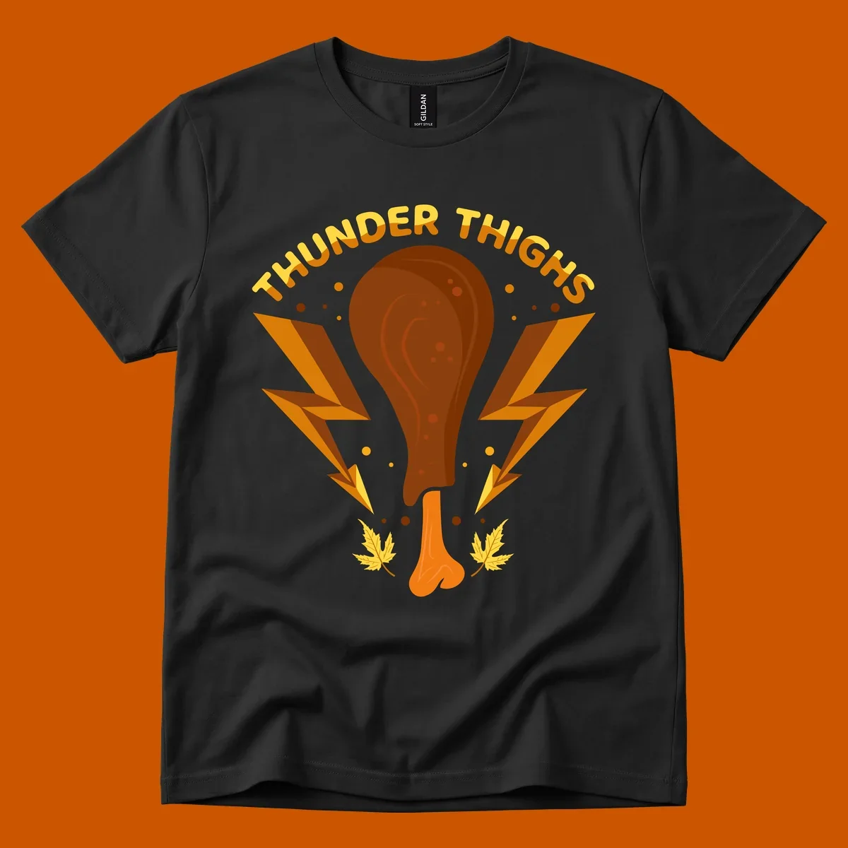 Thunder Thighs turkey leg graphic with lightning bolts and text, for Thanksgiving.