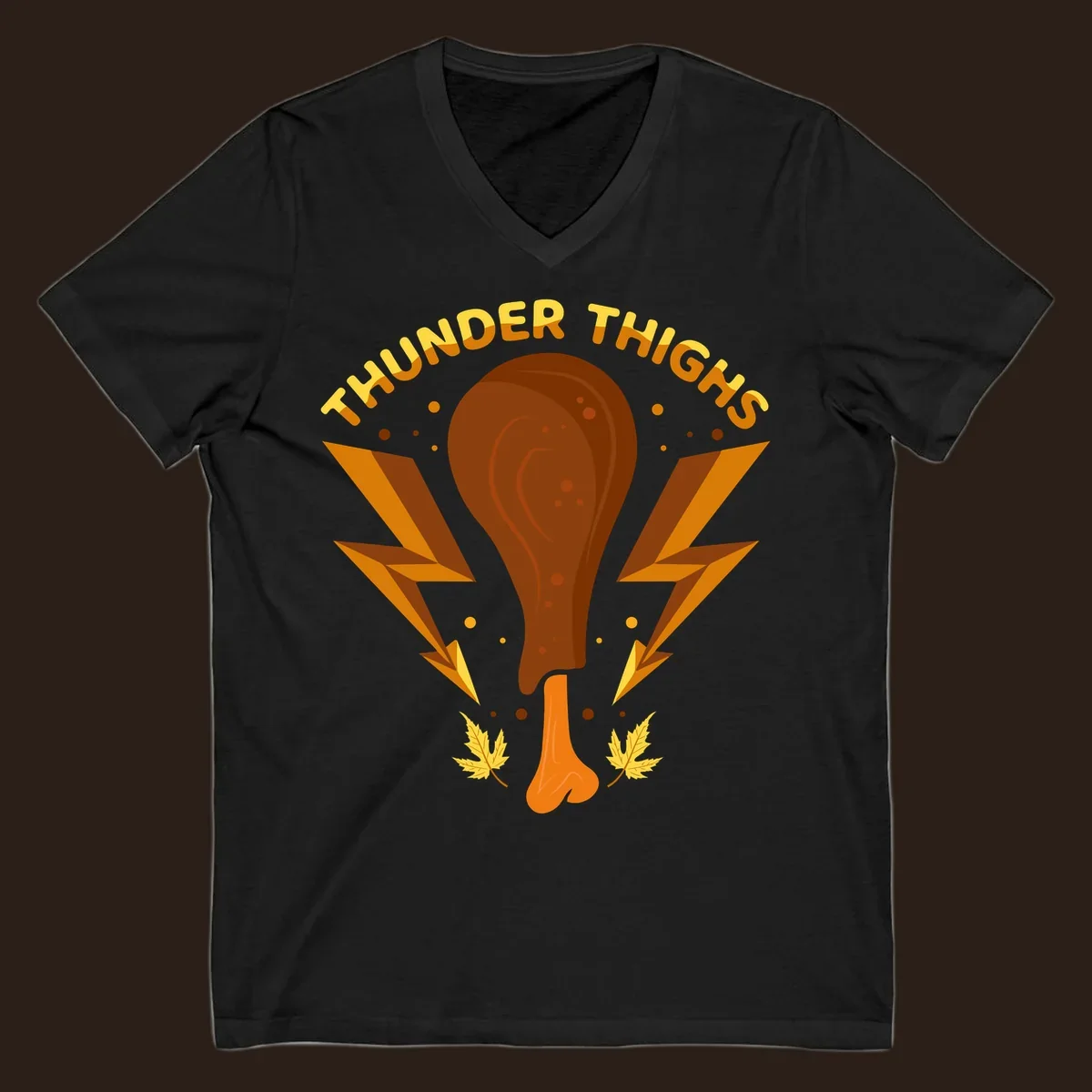 Thunder Thighs turkey leg graphic with lightning bolts and text, for Thanksgiving.